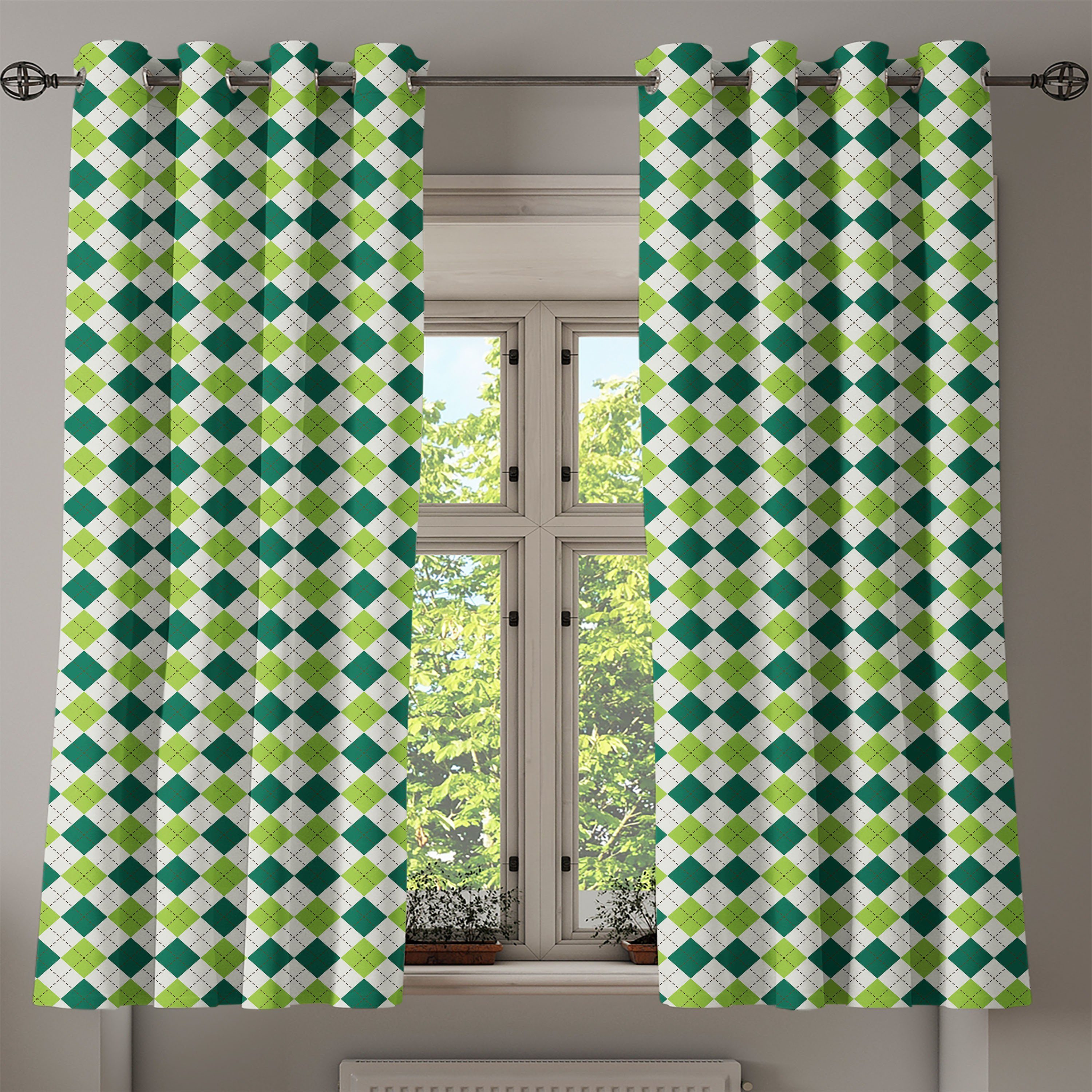 Gardine Dekorative Weinlese-Diamant-Linie Abakuhaus, 2-Panel-Fenstervorhänge für Schlafzimmer Wohnzimmer, Geometrisch