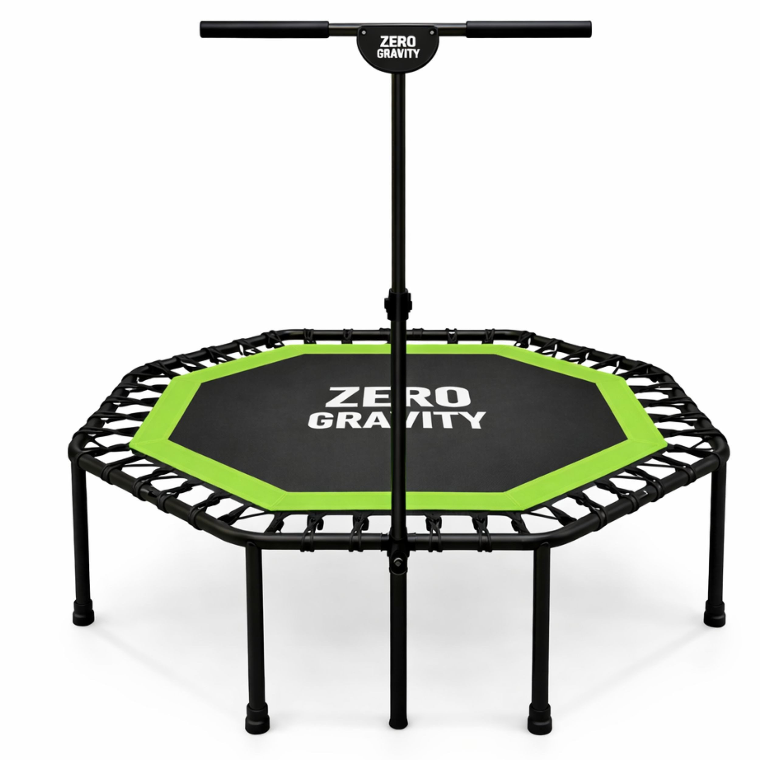 Zero Gravity Fitnesstrampolin mit großer Sprungfläche • Höhenverstellbarer Haltegriff • Bis 130kg, Ideal für Jumping Fitness, Leise Bungeeseilfederung, 9 Standbeine