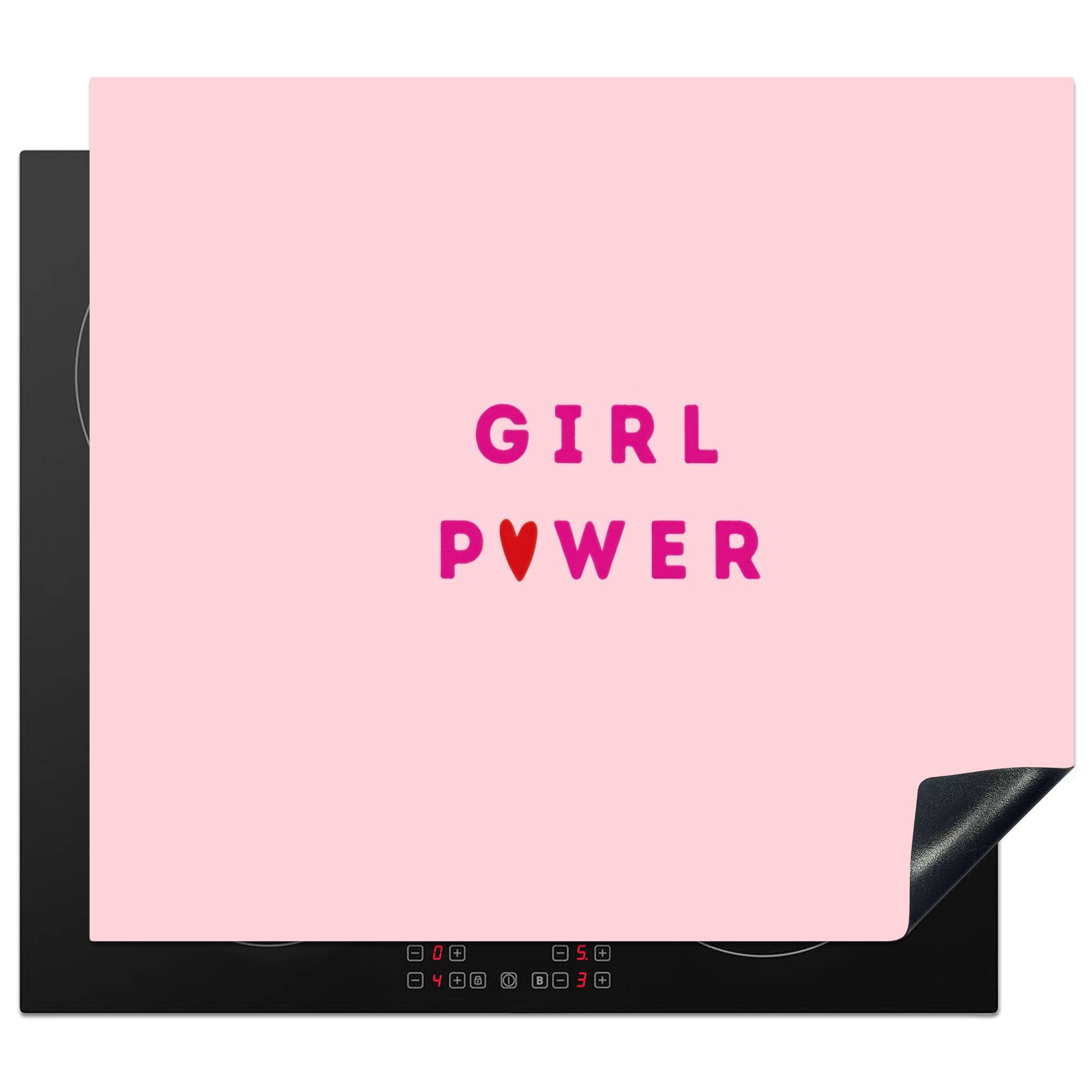 MuchoWow Herd-Abdeckplatte Girl-Power - Rosa - Herz, Vinyl, (1 tlg), Ceranfeldabdeckung Küche, Herdabdeckplatte Einteilig, 60x52 cm