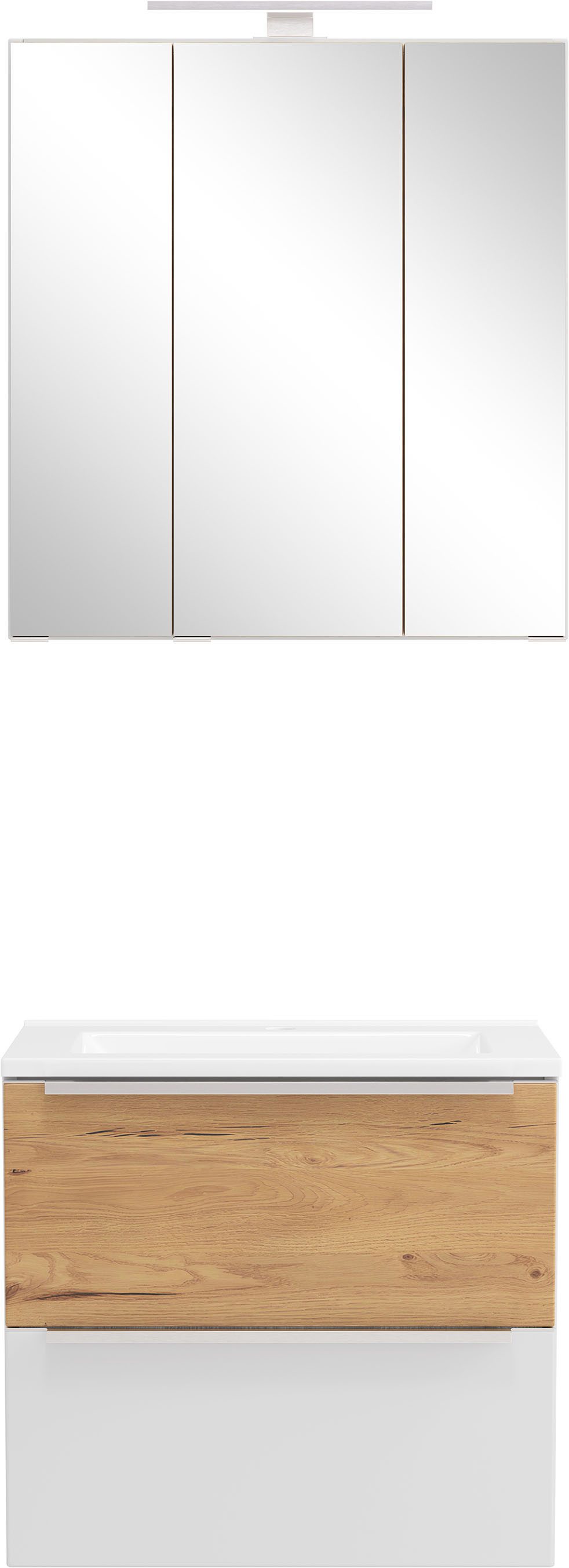 welltime Badmöbel-Set TRIENT, Set: Spiegelschrank und Waschtisch, (2-St., Maße (B/H/T): ca. 60/200/47 cm), matt weiß/wildeiche, LED-Aufbauleuchte, 2tlg. Waschtisch-Set