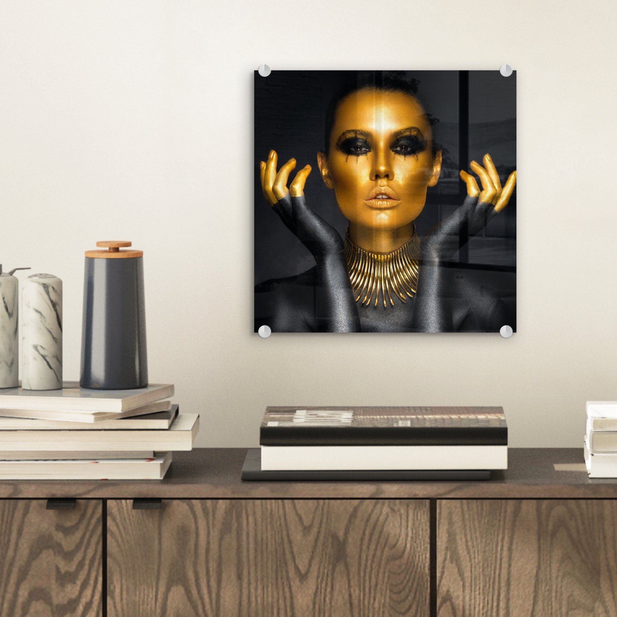 Wandbild - - Glas Porträt Gold Foto - Luxus Bilder - - MuchoWow auf Acrylglasbild - St), bunt Frau (1 Glasbilder - Wanddekoration Glas Schwarz, auf
