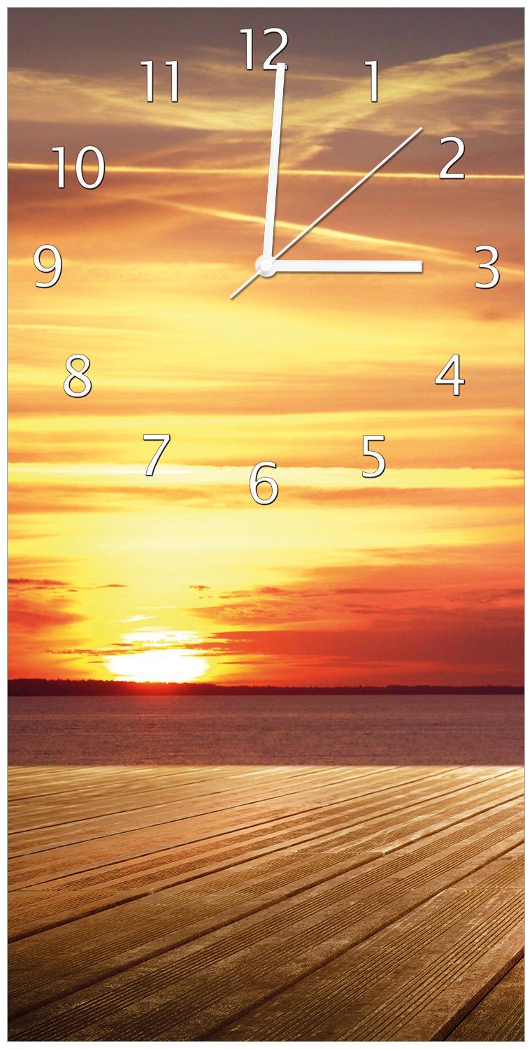 Wallario Wanduhr Steg am See - Sonnenuntergang und roter Himmel (Uhr aus Acryl)