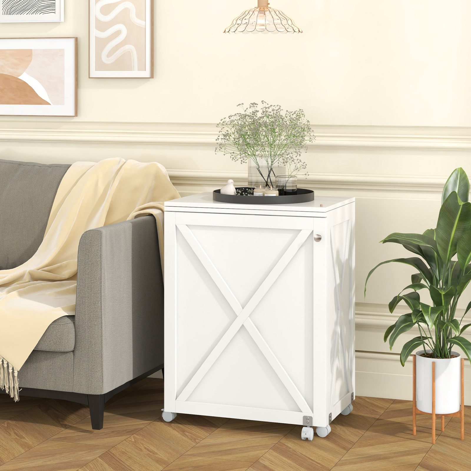 COSTWAY Schreibtisch, klappbar, Nähschrank mit Ablage, Klammern auf Rollen