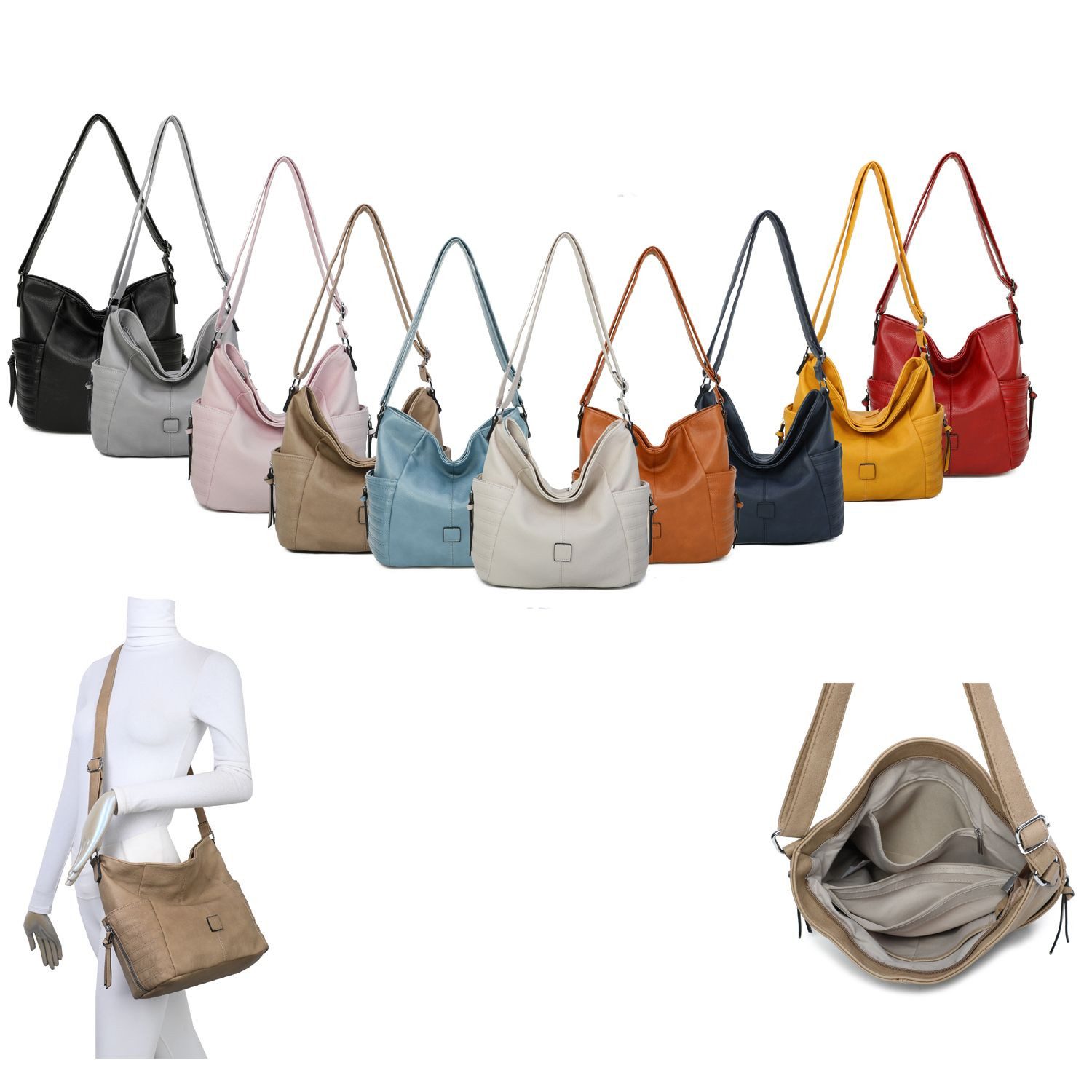 ITALYSHOP24 Schultertasche Damen Tasche Shopper CrossOver, als Handtasche, Umhängetasche, Hobo Bag tragbar