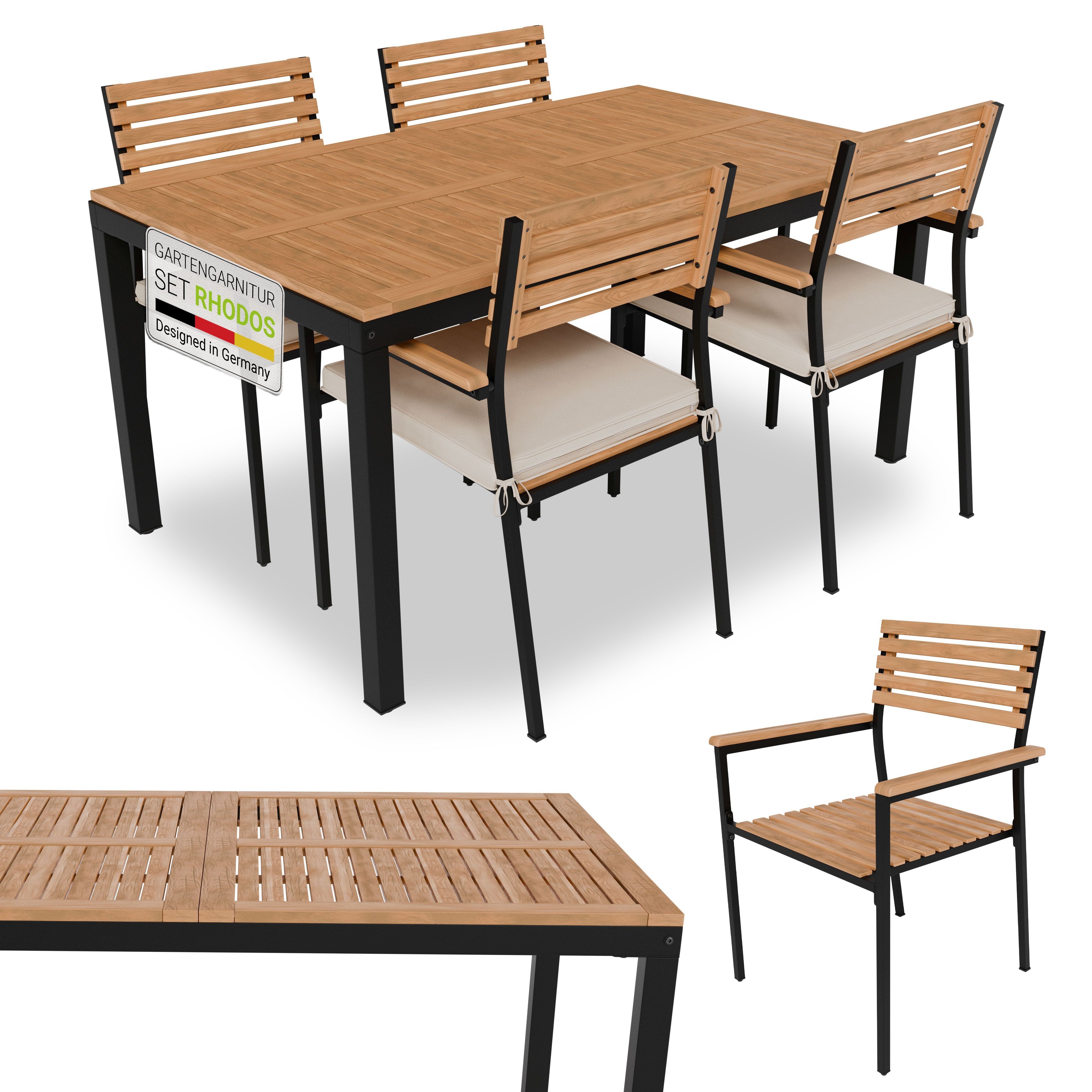 Juskys Garten-Essgruppe Rhodos, (5-tlg), mit Tisch, 4 Stühlen & Kissen, elegante Holzelemente