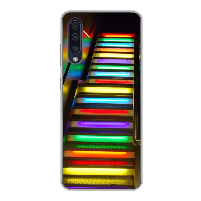 MuchoWow Handyhülle Beleuchtete Treppen in den Farben des Regenbogens Handyhülle Samsung Galaxy A30s Smartphone-Bumper Print Handy