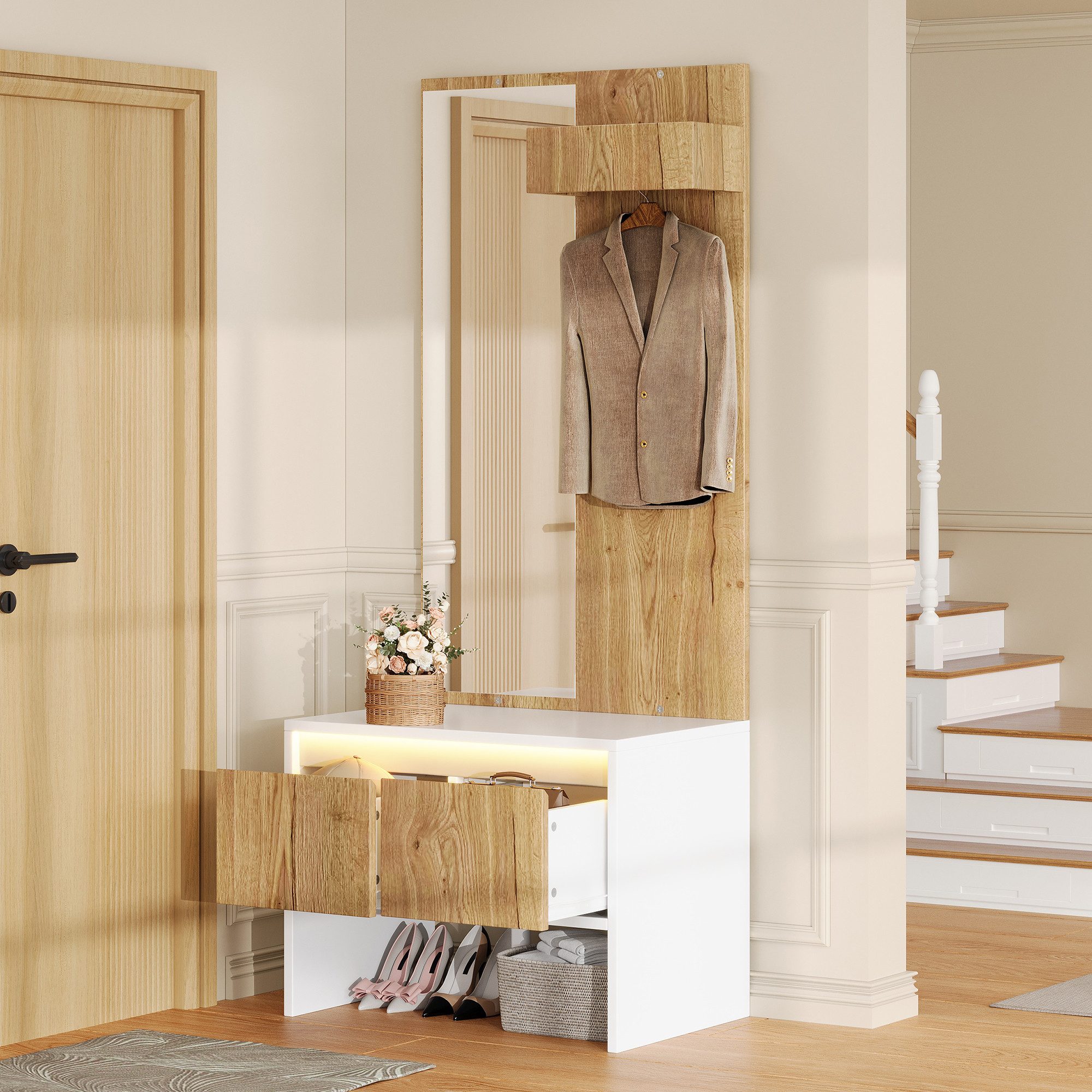 Flieks Garderoben-Set Kleiderhaken, Spiegel, Schuhbank mit Schubladen & LED-Beleuchtung, (Set, 2-St., 60×38×145 cm), Kompaktgarderobe Garderobenständer Flurmöbel Holzoptik Weiß