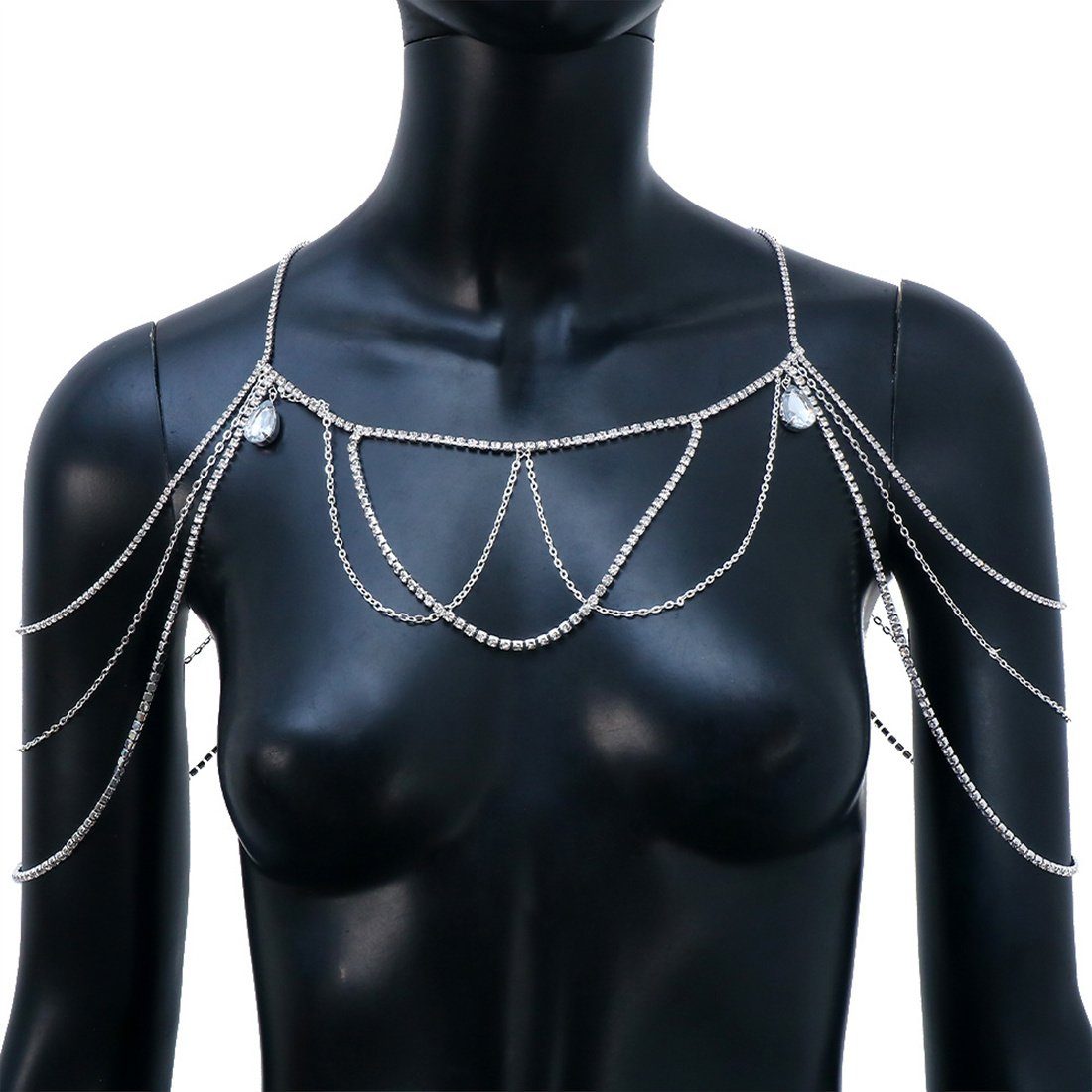 DÖRÖY Charm-Kette mehrlagige Bräute Quasten-Schulterkette, Strass-Körperkette Silber für