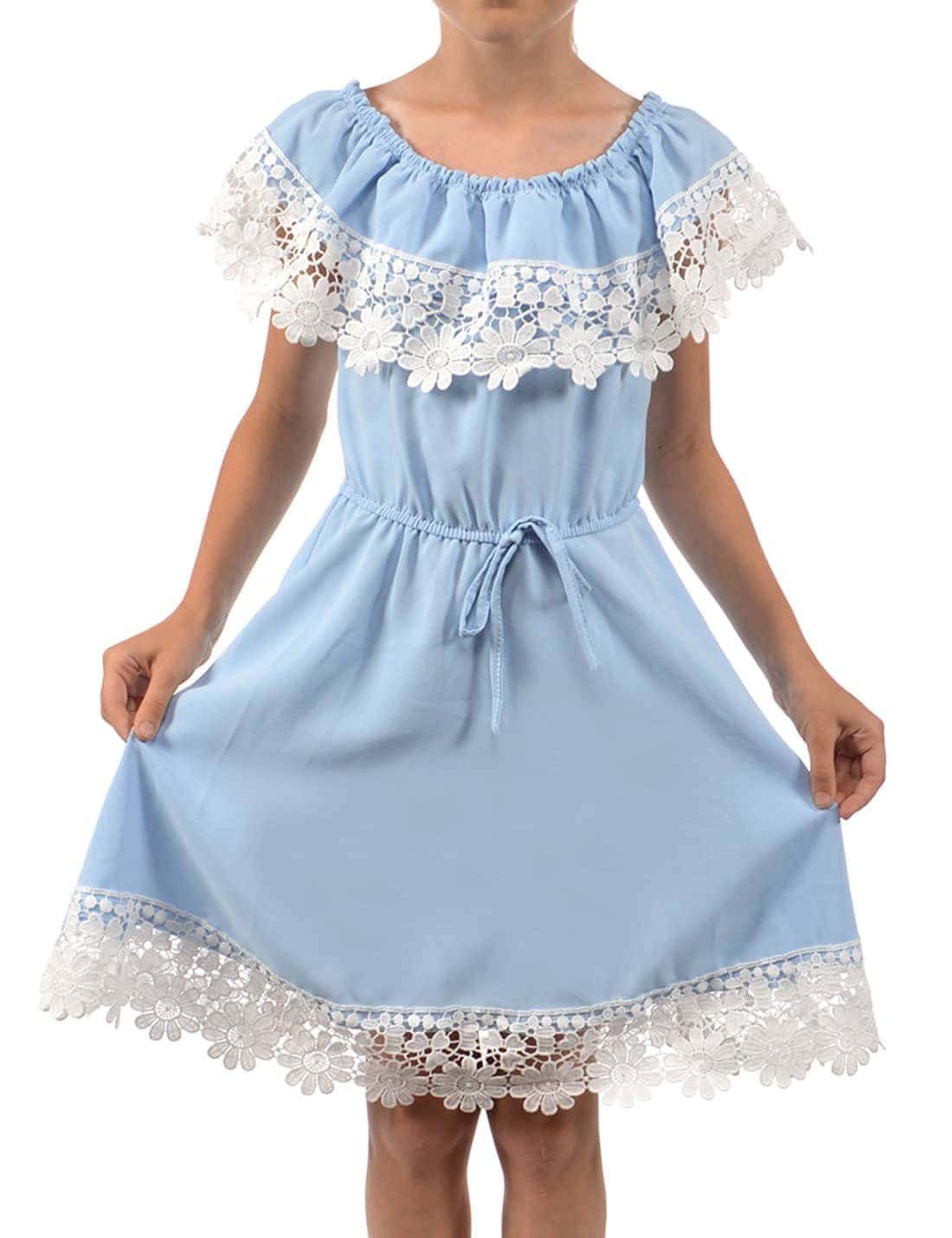 KMISSO Sommerkleid Hellblau Schulterfrei bequem Spitze (1-tlg) Mädchen tragen zu mit Kleid