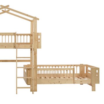 IDEASY Etagenbett Hochwertiges Etagenbett in Naturholzoptik, 90x200cm (set), Bewegbare Unterseite, Absturzsicherung