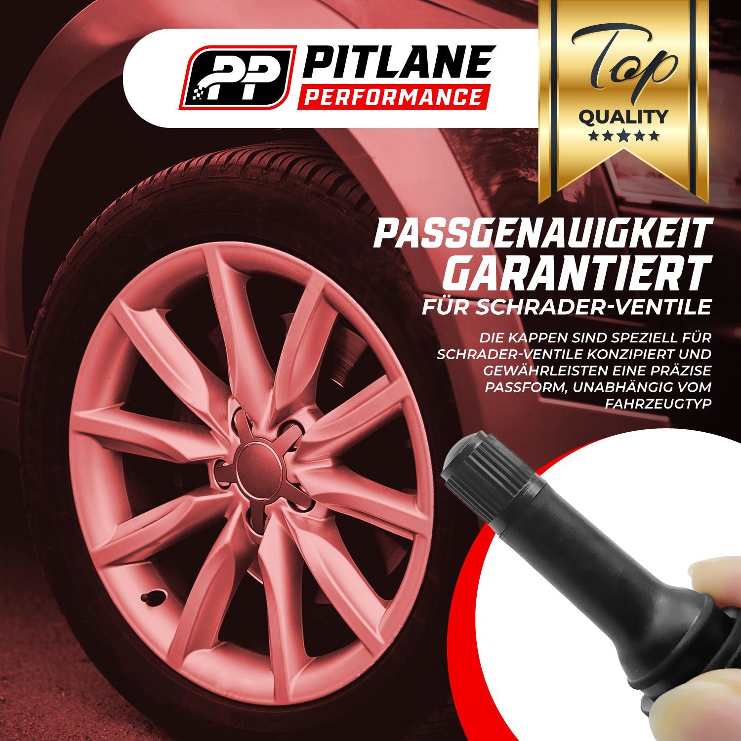 Pitlane Performance Ventilkappe 10x Schrader Ventilkappen Auto & Fahrrad mit Dichtungsring, (Schrader-Ventil, 10-St., Universal Reifenventilkappen Set für PKW), Reifen-Ventildeckel Reifenkappen für Auto, Motorrad, E-Bike & Fahrrad