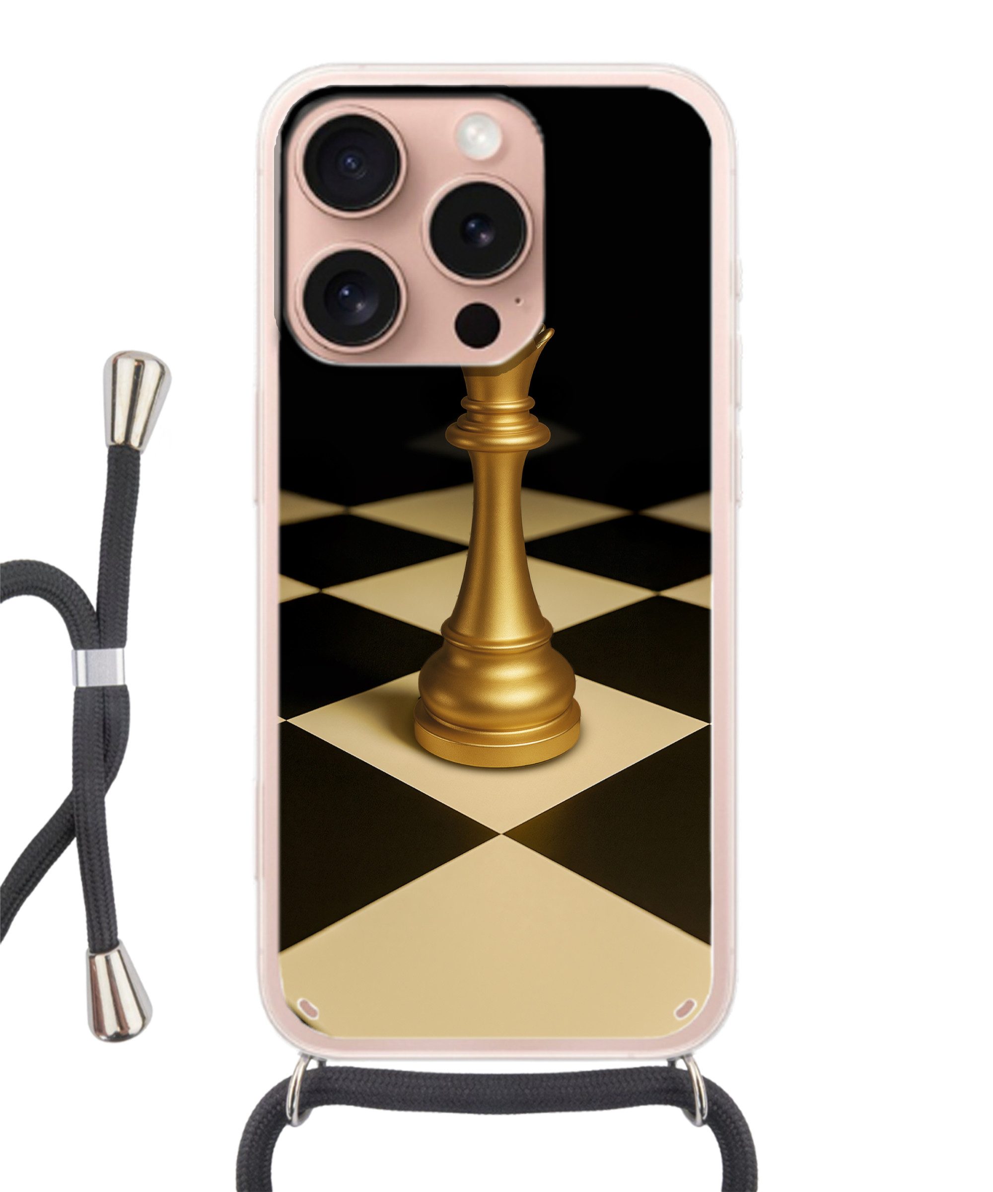 MuchoWow Handyhülle für Apple iPhone 16 Pro Dame - Schachfigur - Blockiert - Gold, Tragbare Handyhüllen mit Kette zum umhängen, Handykette Handyband
