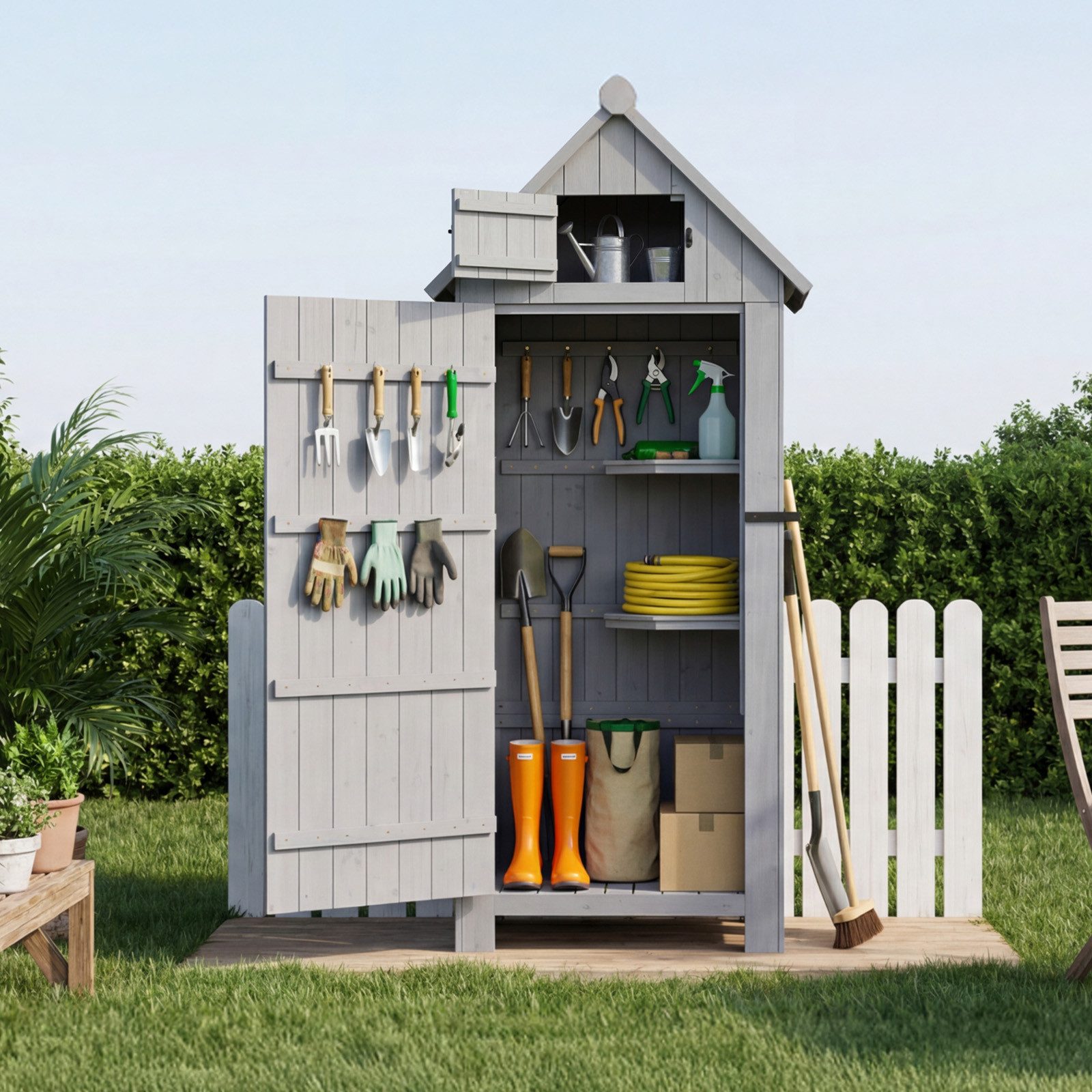 HOMAVO Gerätehaus Gartenschrank Werkzeugschrank Geräteschuppen Holzhäuschen, Outdoor-Schrank, Satteldach, mit 3 Einlegeböden, 77*54.3*179 cm