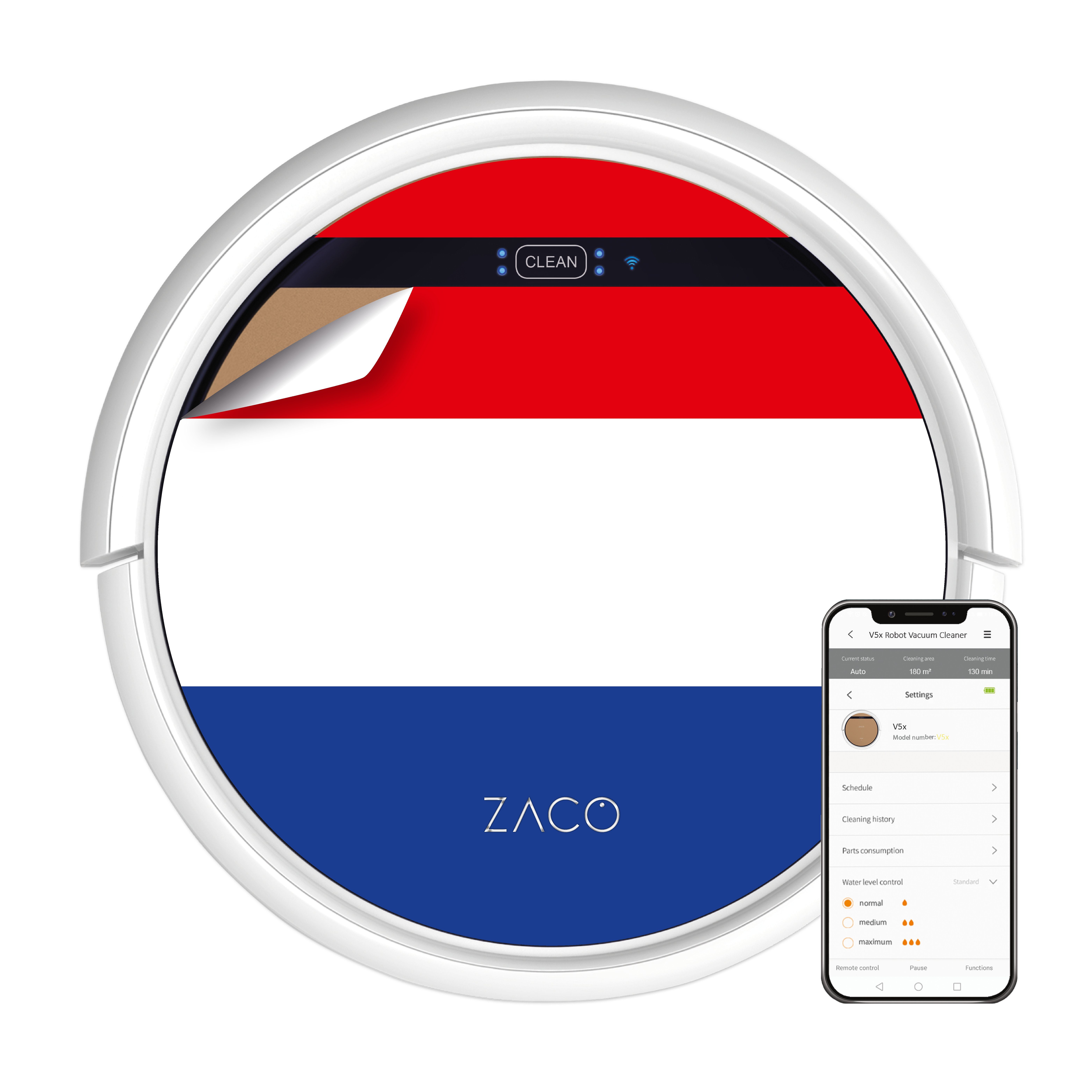 ZACO Nass-Trocken-Saugroboter V5x, 22 Wischfunktion Alexa Sprachsteuerung, Flagge Niederländische mit beutellos, Tierhaare W, App, Saugroboter