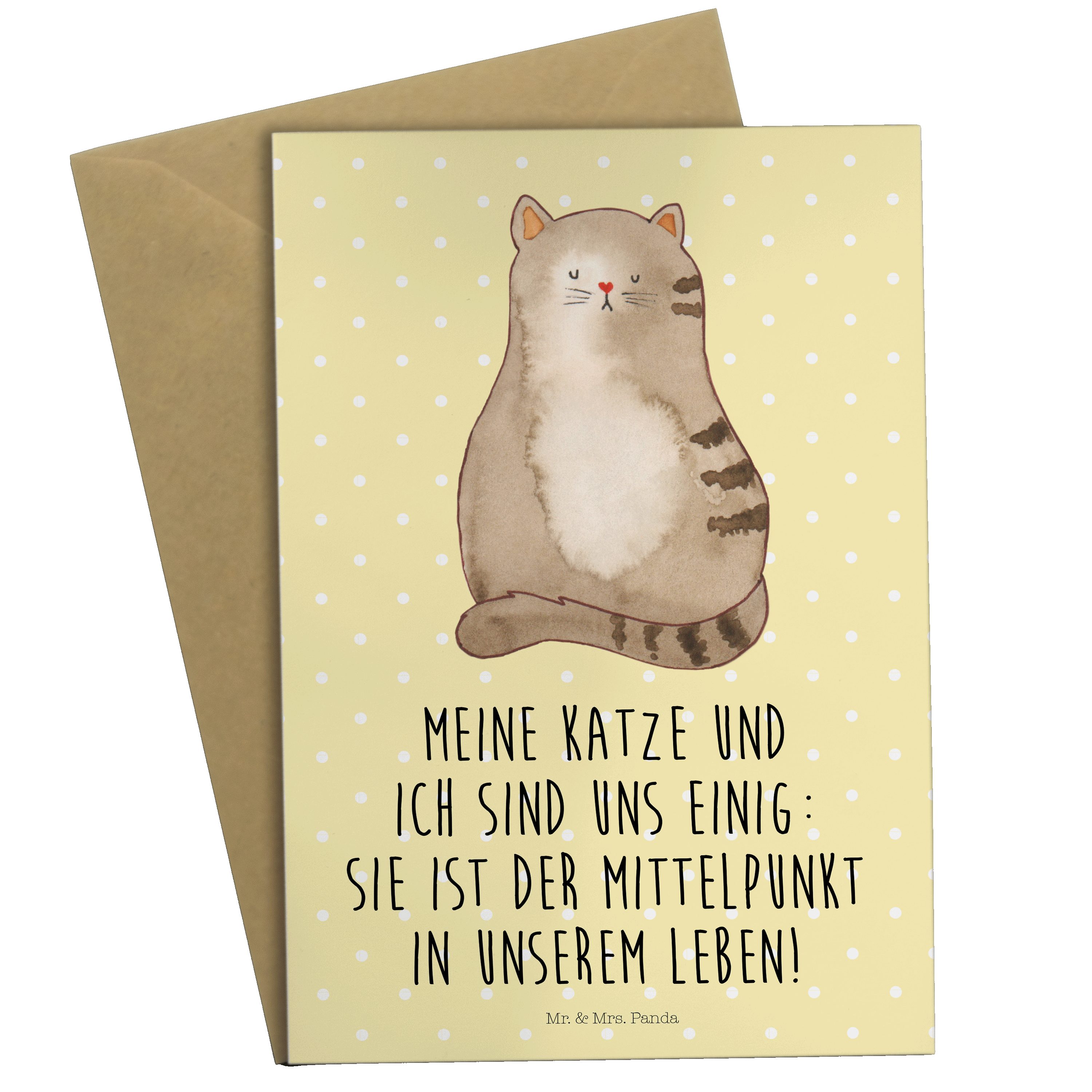 Pastell Grußkarte Geschenk, Panda Katze & Gelb - sitzend Geburtstagskarte, Mrs. Katzenprod Mr. -