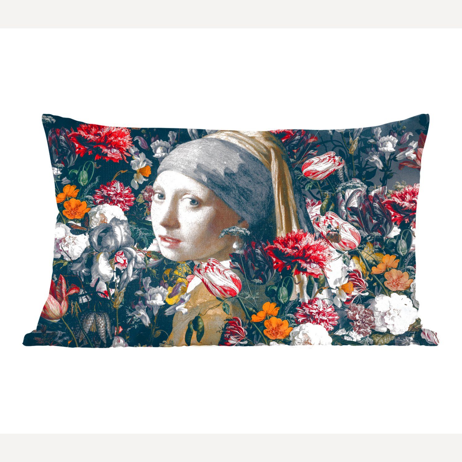 MuchoWow Dekokissen Das Mädchen mit Blumen, mit Zierkissen, Vermeer Füllung, Wohzimmer Johannes - - Dekoration, Perlenohrring dem Schlafzimmer Dekokissen