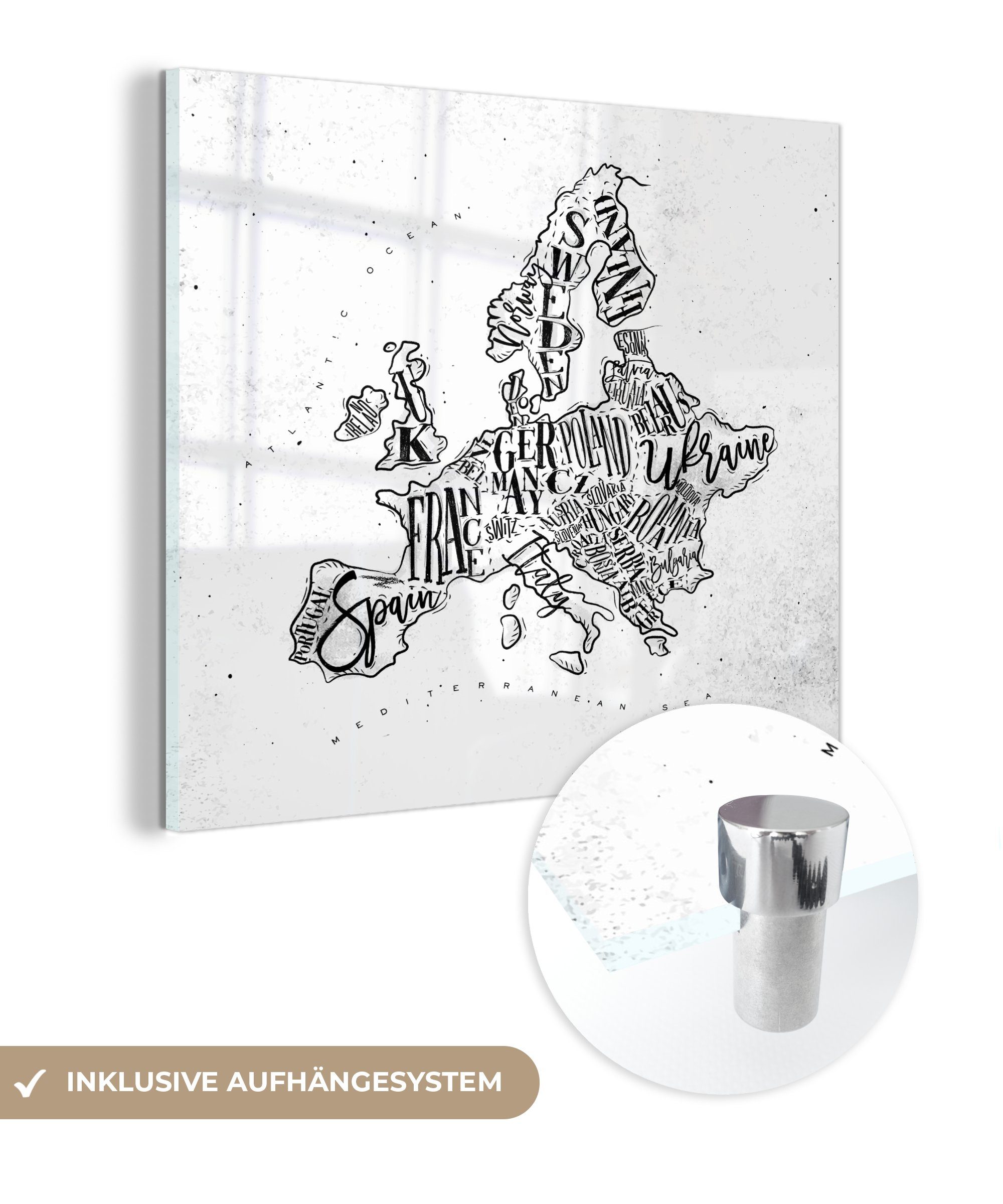 auf Foto - Weiß, - Karte Glas Schwarz Glasbilder Bilder - MuchoWow Acrylglasbild St), Glas - Wanddekoration Europa auf Wandbild - - (1