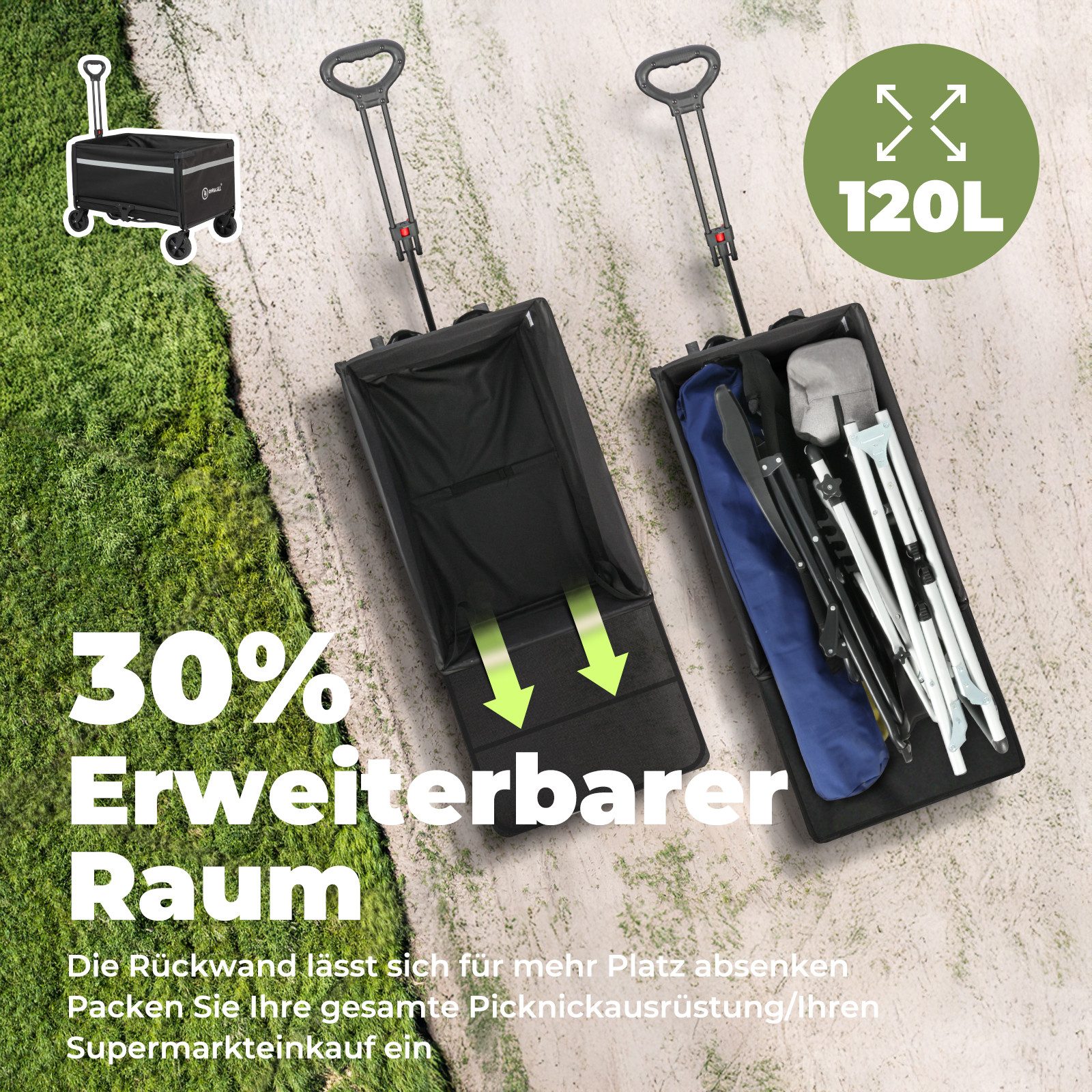HOMECALL Bollerwagen Gartenwagen bis 150kg Handwagen Strandwagen Klappbar Transportwagen (Inkl. Regenabdeckung! Kapazität erweiterbar durch 2 Aufbewahrungstaschen, 120L+ , Campingwagen mit Reflektorstreifen), Für Einkaufen, Camping, Garten, Dogs