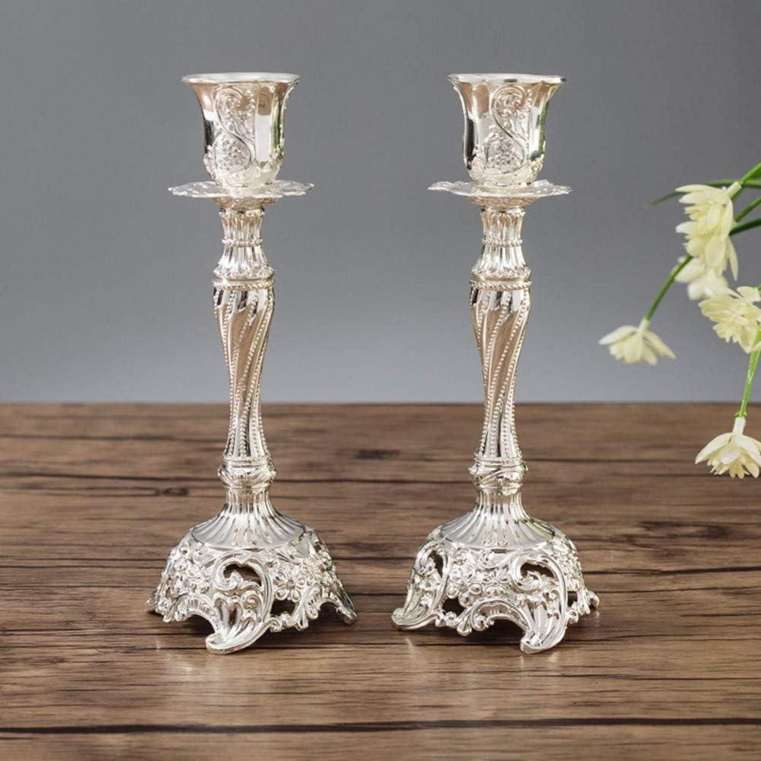 LuxusKollektion Kerzenleuchter 2er Set Silber Kerzenständer Kerzenhalter Schabbat Tischdeko (1 St)