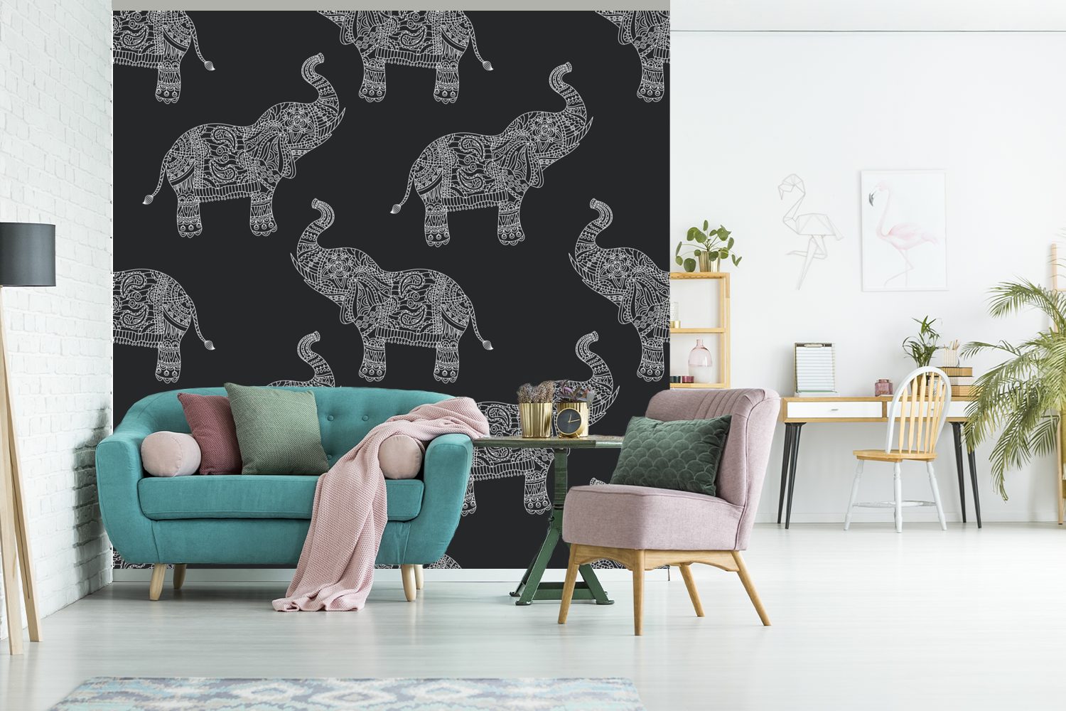 Schlafzimmer, für - Elefant Fototapete Wohnzimmer - St), Tapete Vinyl MuchoWow Muster oder Wandtapete Boho, (5 bedruckt, Matt,