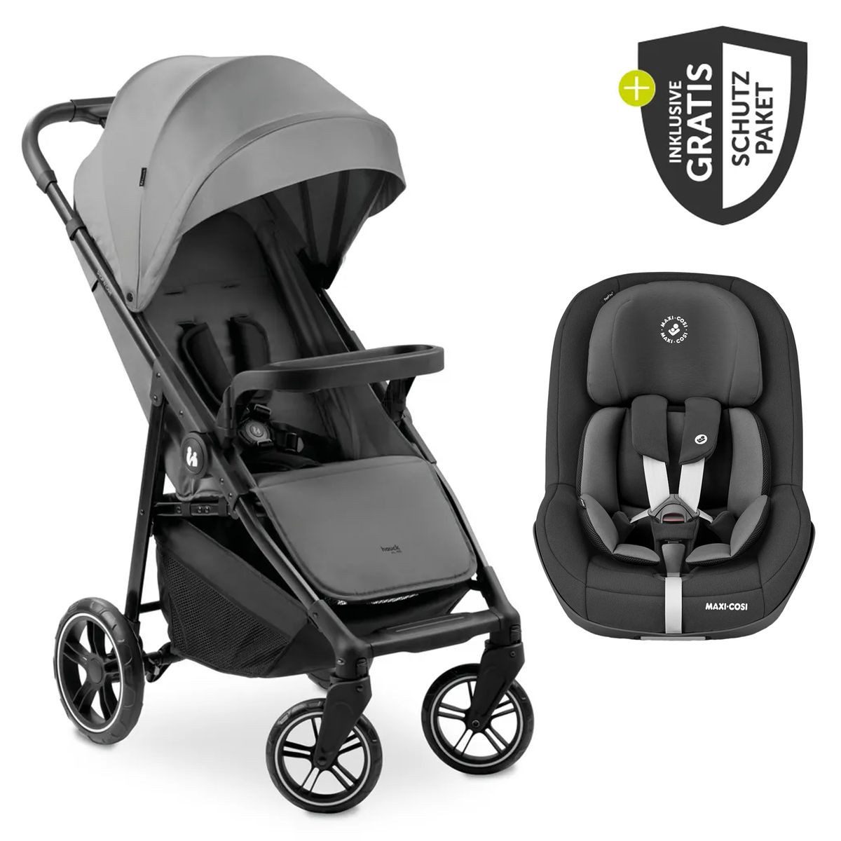 Hauck Sportbuggy Shop N Care - Grey, Sportwagen mit Liegefunktion inkl. Maxi Cosi Reboarder Pearl Pro 2