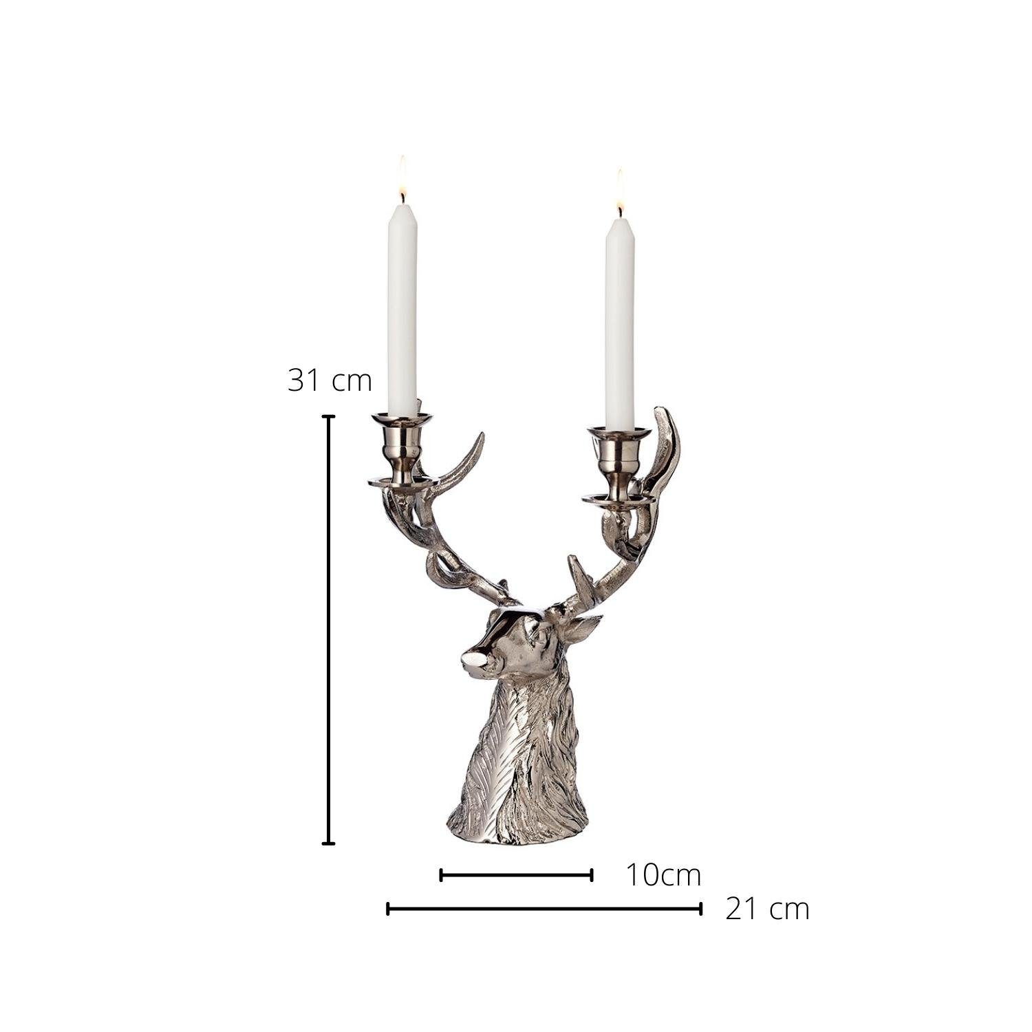 Hirschgeweih, EDZARD Kerzenleuchter Silber-Optik Stabkerzen, cm im mit Höhe Kerzenständer Kerzenhalter Aluminium, 33 aus 2 Hirsch-Design für
