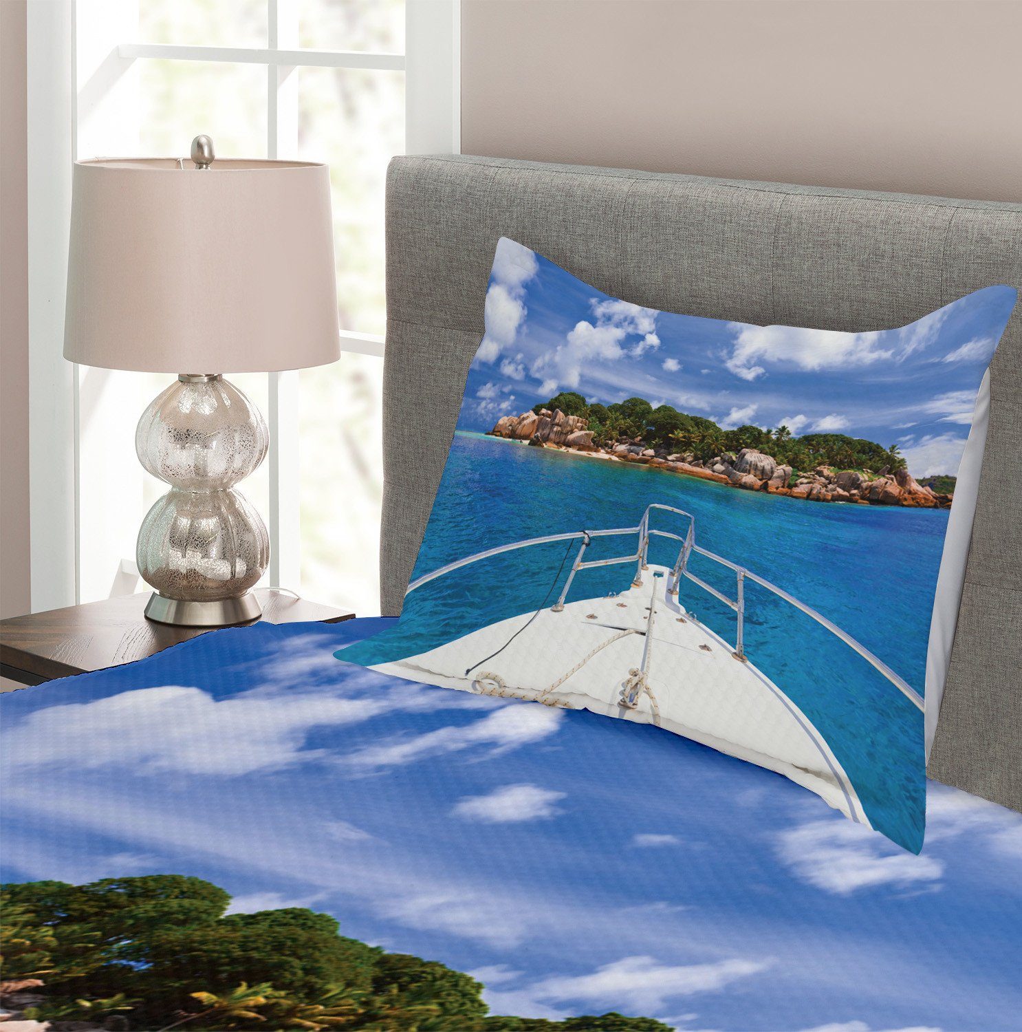 Abakuhaus, Tropic Reise Kissenbezügen exotische Boot Blau mit Waschbar, Tagesdecke Set