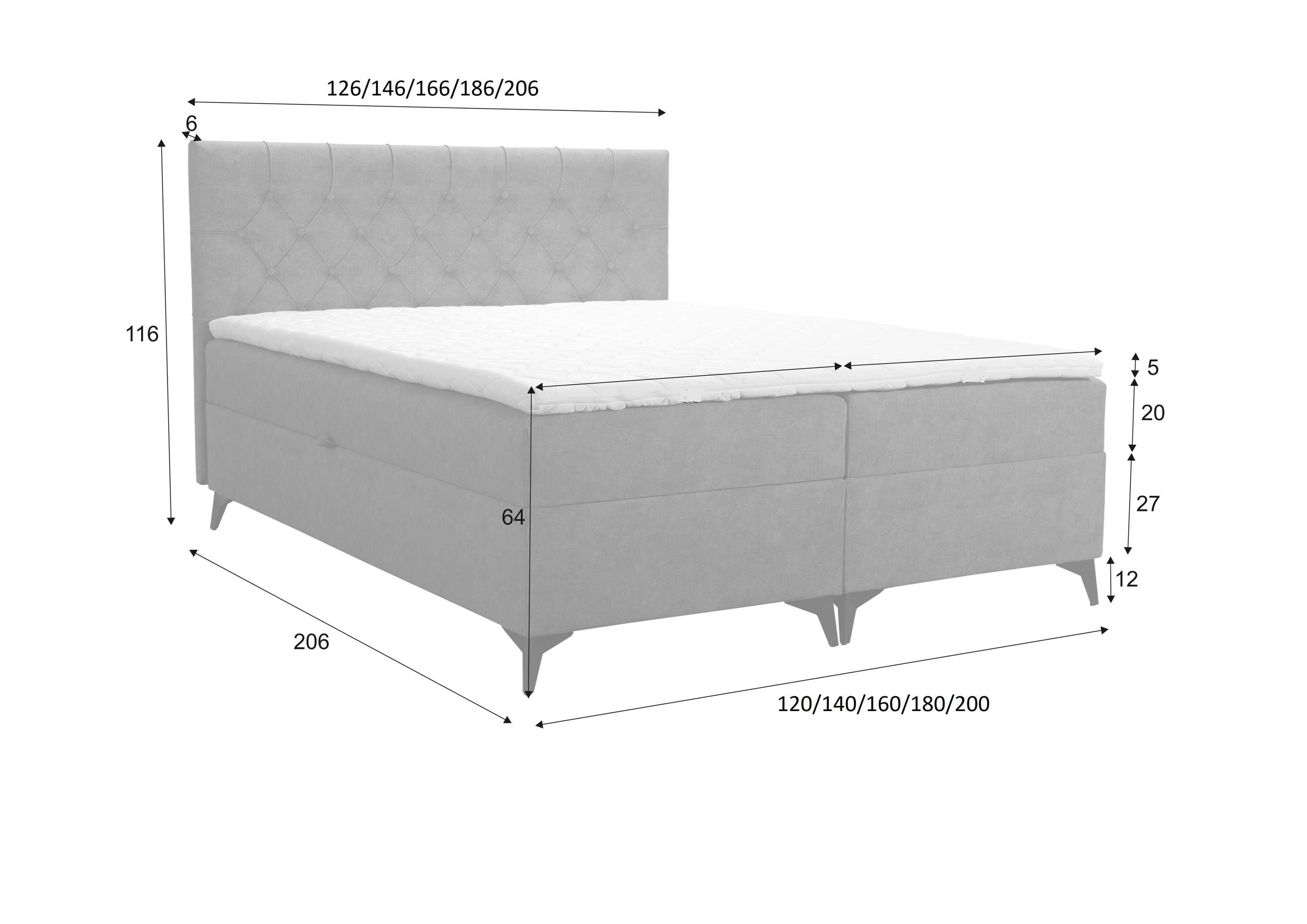 JULLIE Furnix Farbe/Größe Boxspringbett mit 129-200x200 mit Bettkaste Topper Auswahl, Blau Topper