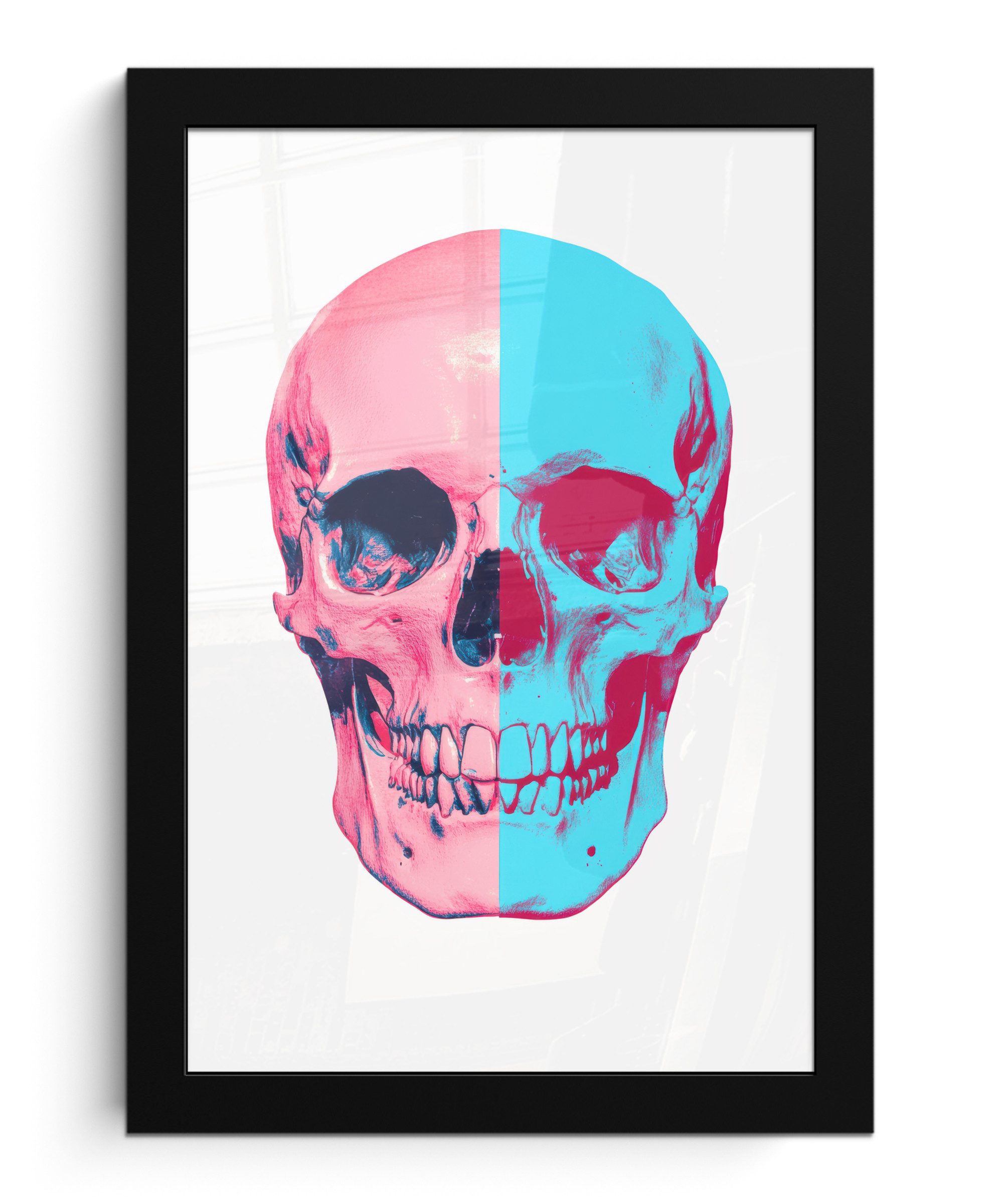 MuchoWow Poster Totenkopf - Grafik - Rosa - Geteilt, (1 St), Bilderrahmen, Zimmer Deko, Bild für Wohnzimmer, 20x30 cm