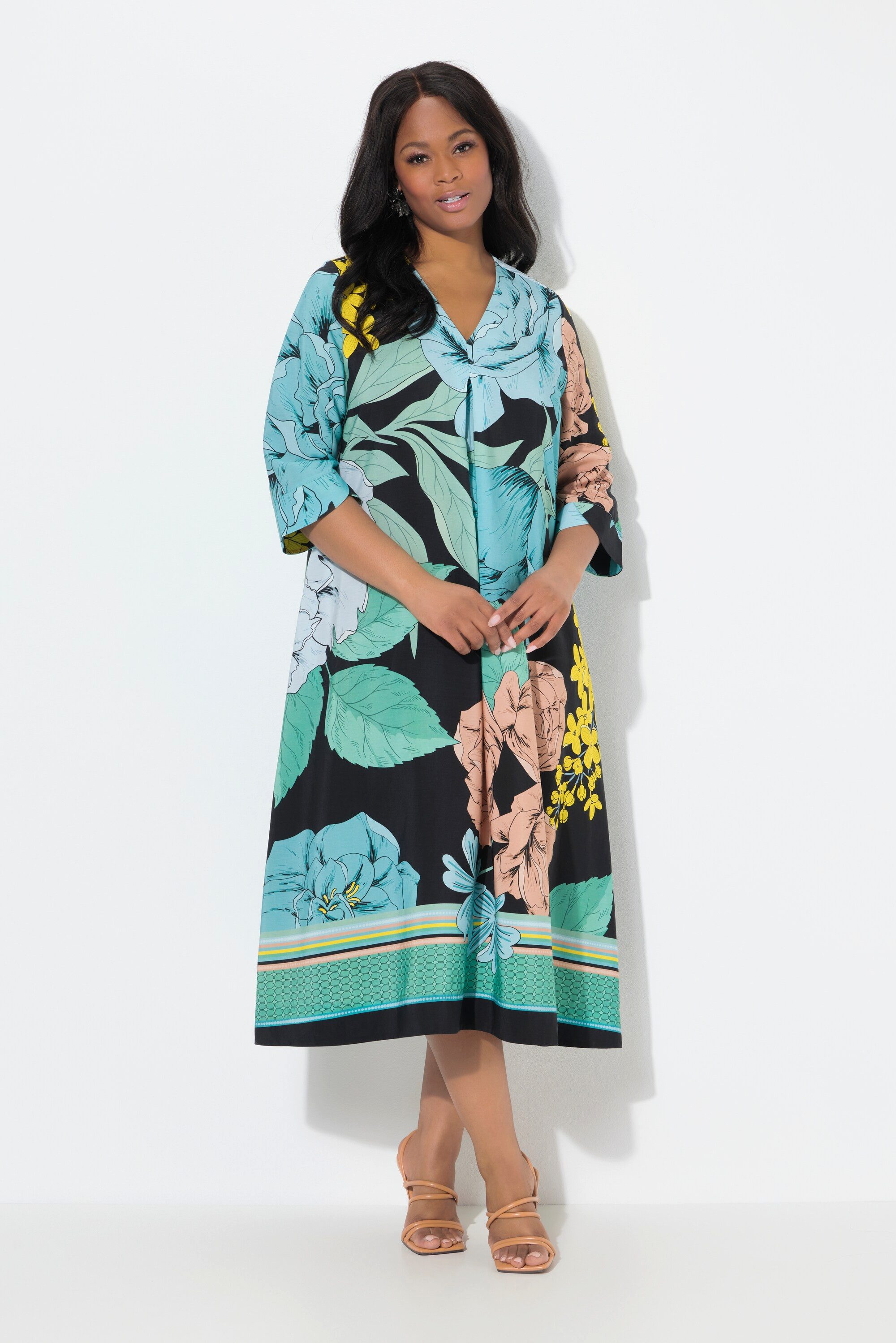 Midikleid Lyocell-Midikleid Blüten A-Linie V-Ausschnitt