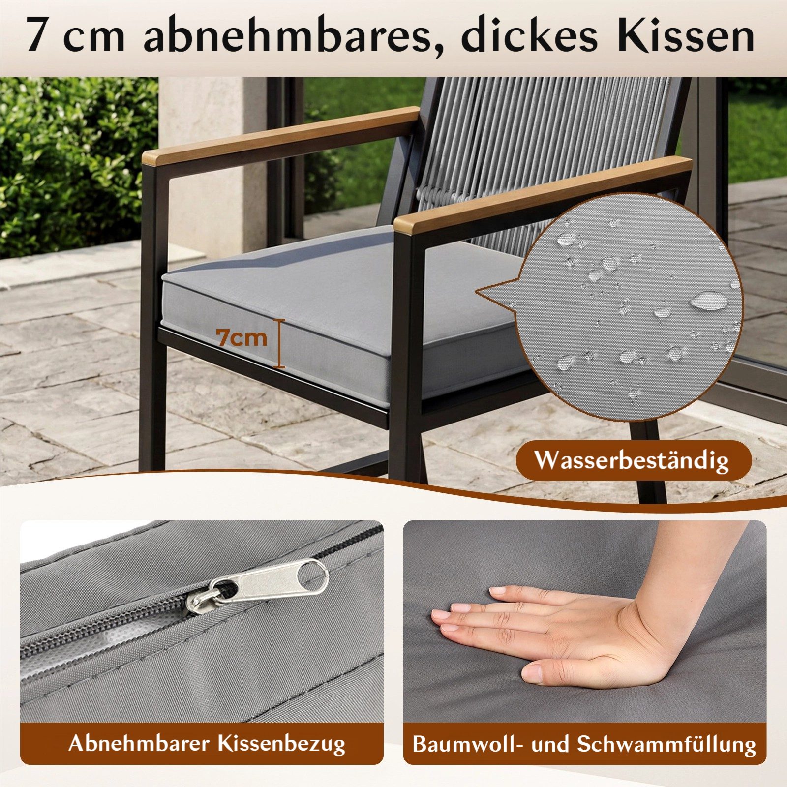 TLGREEN Gartenlounge-Set 3-teiliges Gartenmöbel-Set aus Eisen und Rattan – 2 Stühle + 1 Tisch, (3-tlg., 2 Gartenstuhl,1 Gartentisch, mit Kissen), für Terrasse,  – Bild 3 von 5