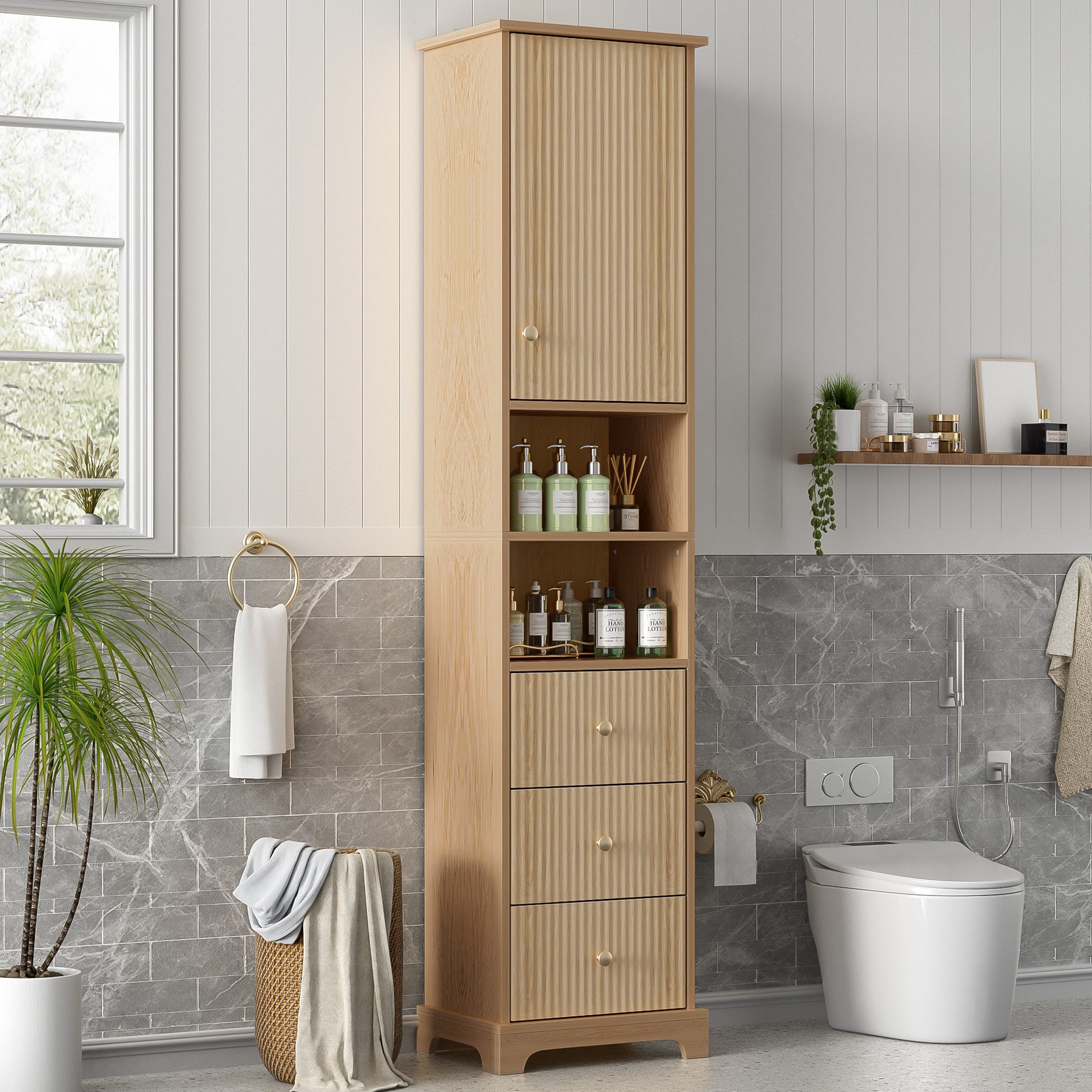 Flieks Badkommode Hochschrank mit 3 Schubladen, 4 Fächern und verstellbare Einlegeböden (Mehrzweckschrank Holzoptik in Lanhausstil mit Metallgriffen, 1 St., B40/T30/H172 cm), Badezimmerschrank feuchtigkeitsbeständiger Holzschrank aus MDF Natur