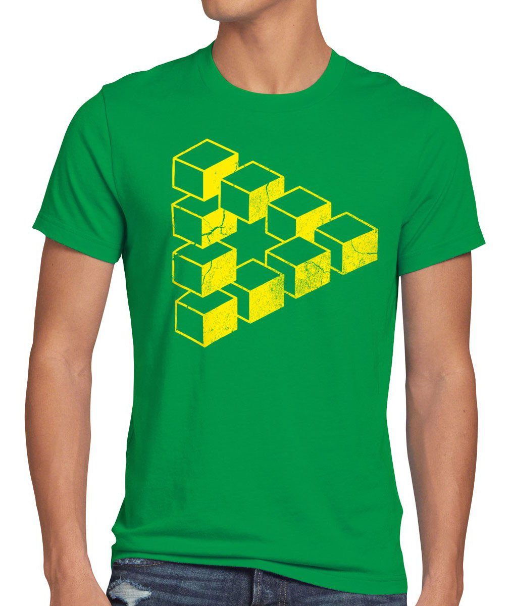 grün style3 Herren Cube Dreieck Print-Shirt T-Shirt Escher bang Big Theory Sheldon Cooper würfel Penrose