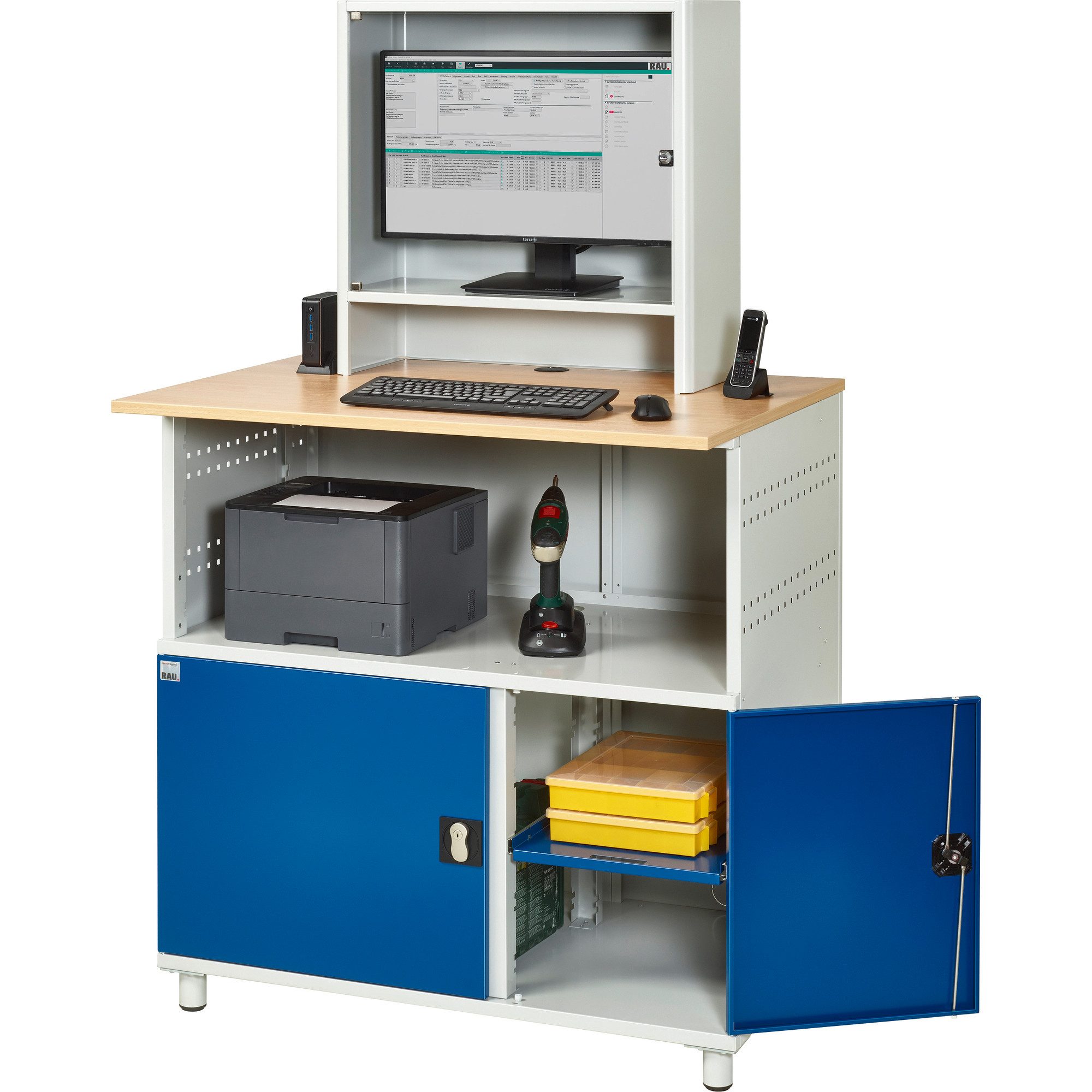 RAU Schreibtisch Computertisch 1100x790x1840mm Monitorgehäuse stationär lichtgrau/enzia