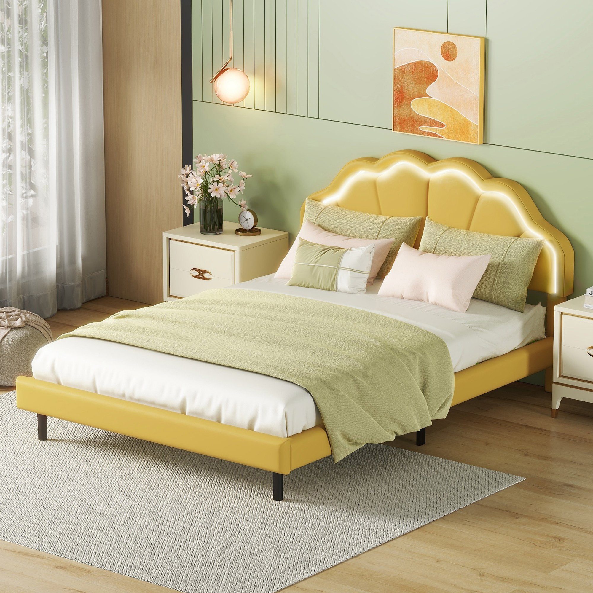 140*200cm Bett Doppelbett gelb (flächiges Matratze LED-Leuchten Schwebebett Gepolsterter Doppelbett-Gästebett, Polsterbett Kopfteildesign), REDOM Funktionsbett und Rahmen,mit ohne