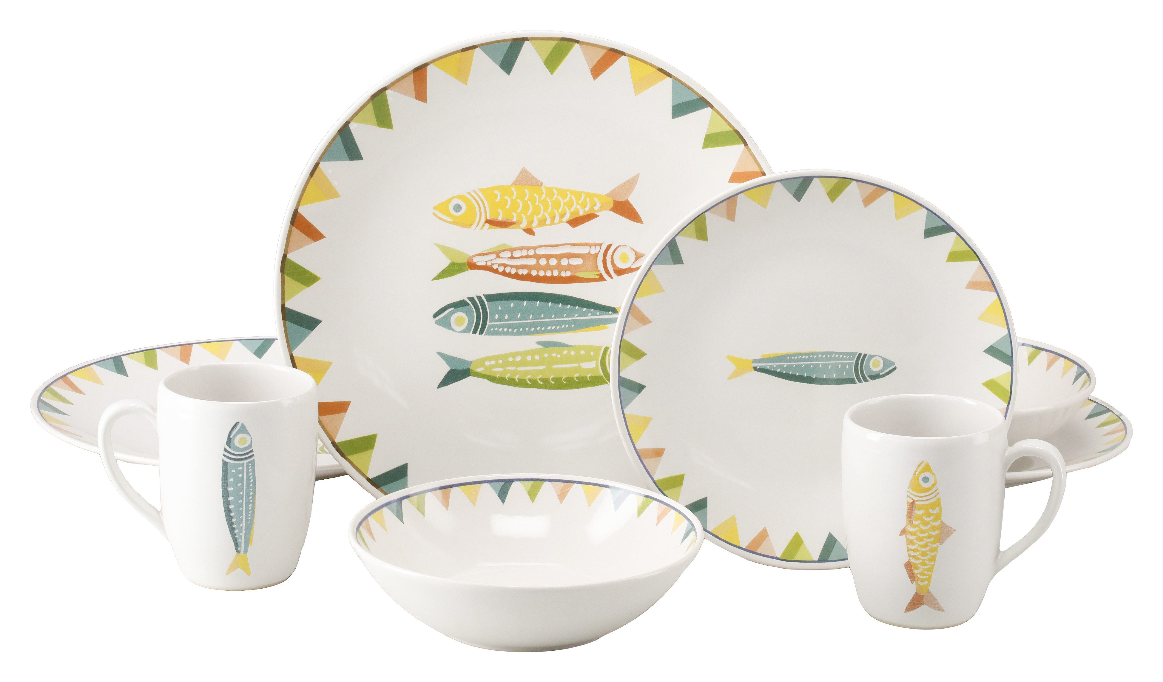 CreaTable Kombiservice Sardinhas, Geschirr-Set, 8-tlg. (8-tlg), 2 Personen, Steinzeug, Hochwertiges Steinzeug, Zentrales Sardinen-Motiv