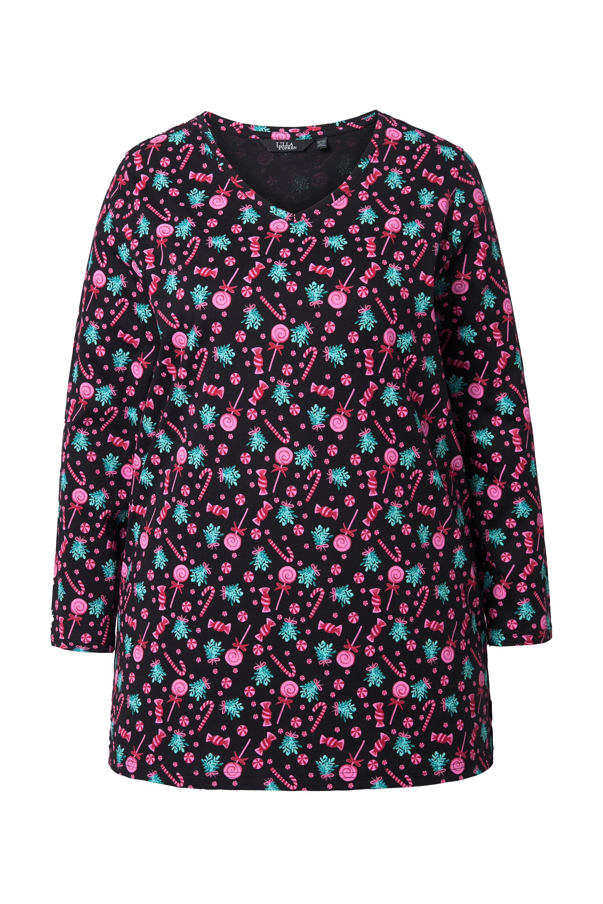 Ulla Popken Longsleeve Shirt A-Linie Zuckerstangen V-Ausschnitt Langarm günstig online kaufen