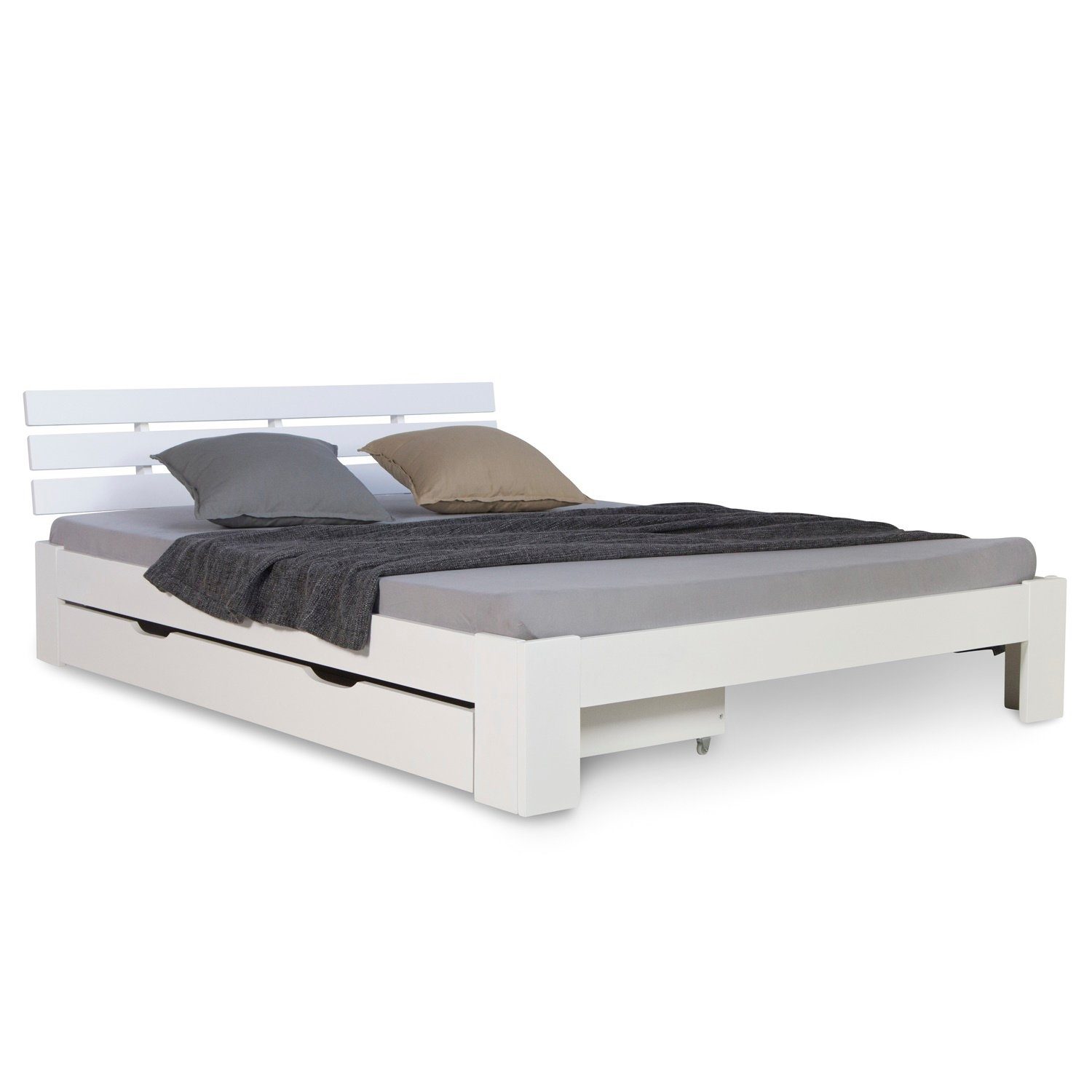 Homestyle4u Holzbett Doppelbett 140x200 cm Weiß inkl. Bettkasten Lattenrost Massiv