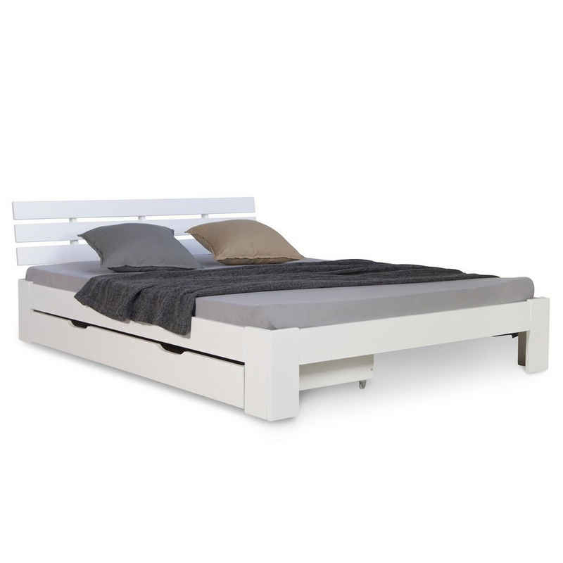 Homestyle4u Holzbett Doppelbett 140x200 cm Weiß Bettkasten Lattenrost