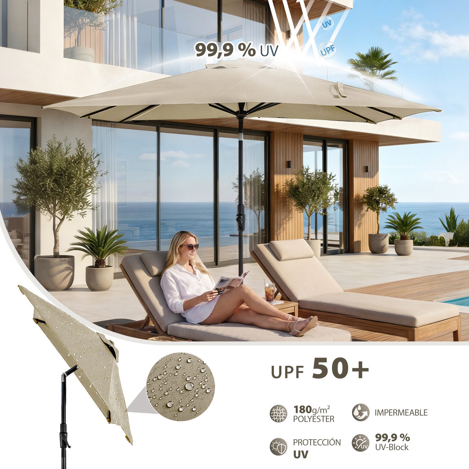 Sekey Sonnenschirm Rechteckig Marktschirm Neigbar mit Kurbel Sonnenschirm Groß, LxB: 210x140 cm, Sonnenschirm 200 x 140 cm, Gartenschirm Outdoor Wetterfest, Knickbar