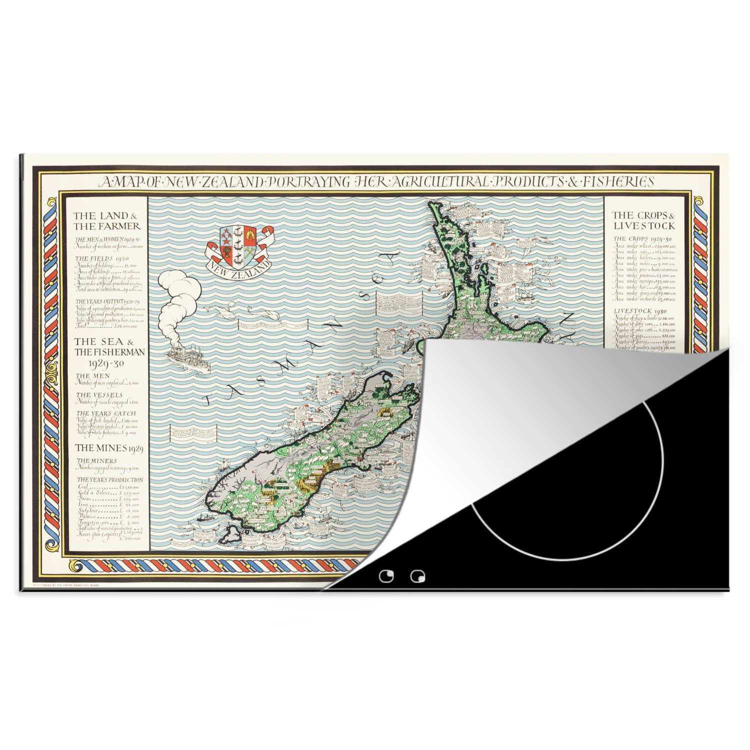 MuchoWow Herdblende-/Abdeckplatte Karte - Neuseeland - Vintage, Vinyl, (1 tlg), 81x52 cm, Induktionskochfeld Schutz für die küche, Ceranfeldabdeckung