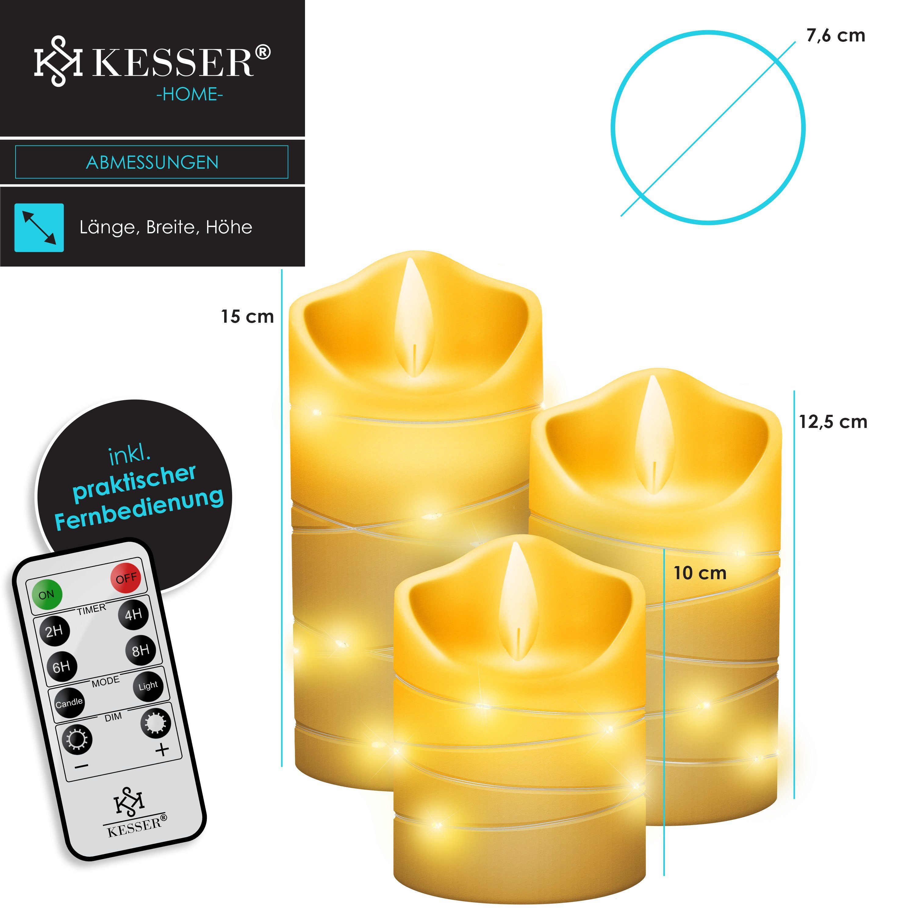 Kerzen LED-Kerze, mit KESSER Flammenlose Kerze Timerfunktion LED Weiß Traditionell / Fernbedienung 3er-Set Set