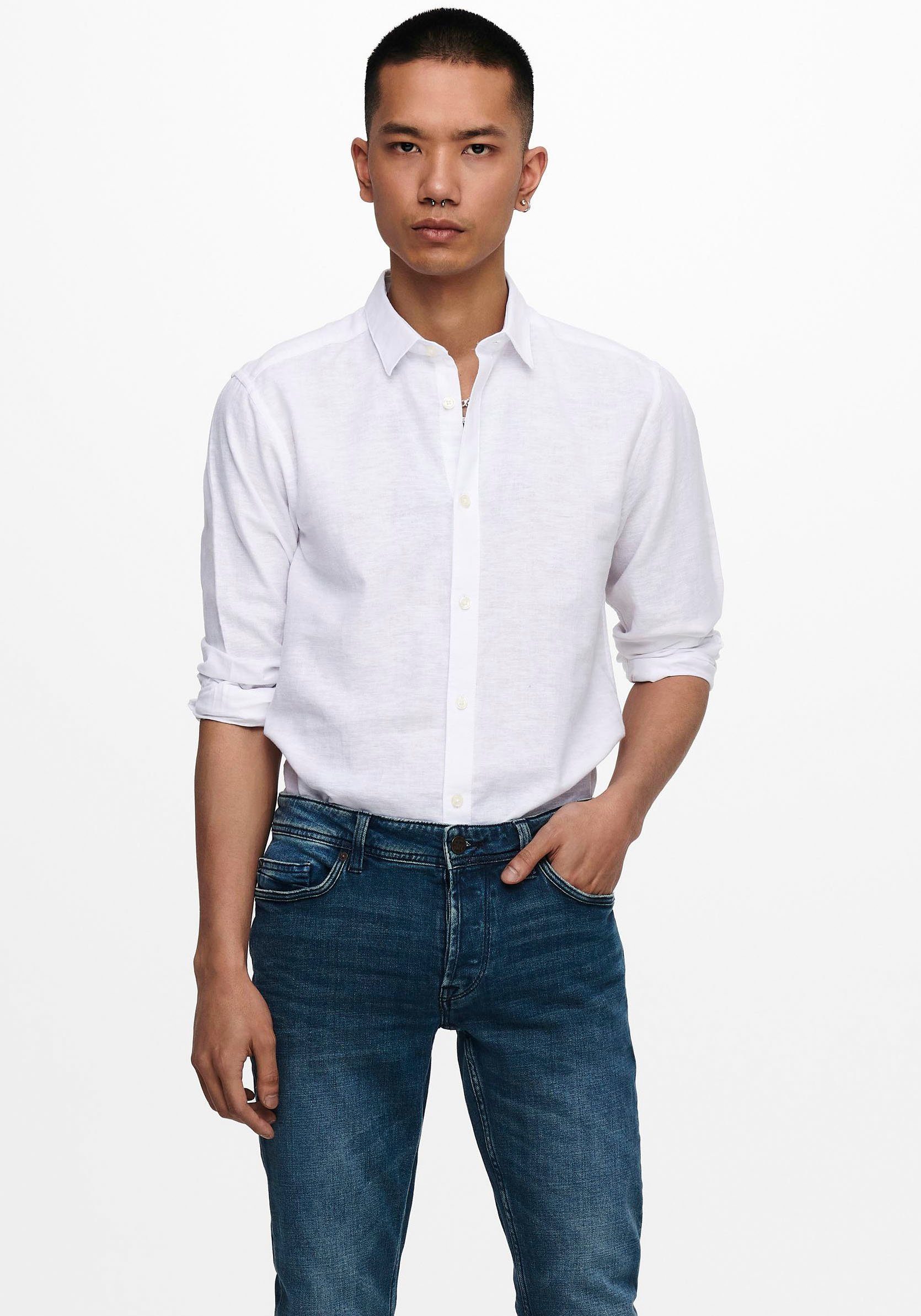 ONLY & SONS Langarmhemd ONSCAIDEN LINEN SOLID SHIRT NOOS LS White