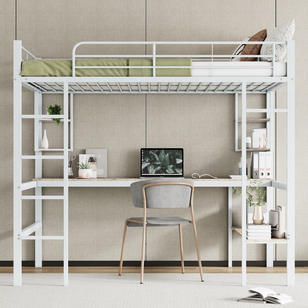 Ulife Loft Bed 140x200 with Desk & Shelves (White, Metal) White