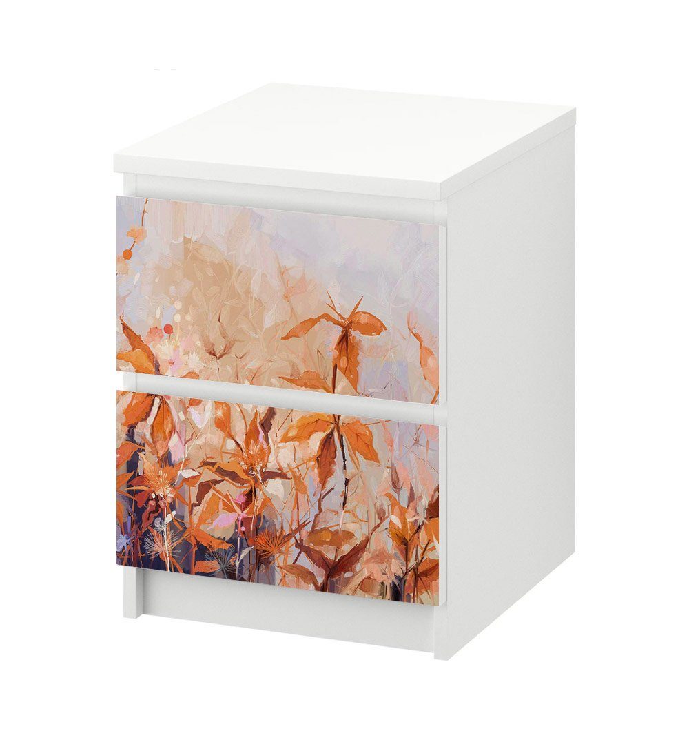 MyMaxxi Möbelfolie Kommodenaufkleber Malm Blütenfeld künstlerisch gemalt Möbelfolie Folie, (Pinselstrich Blumenfeld orange, 1St.}, Ein Aufkleber je Schublade), Selbstklebend