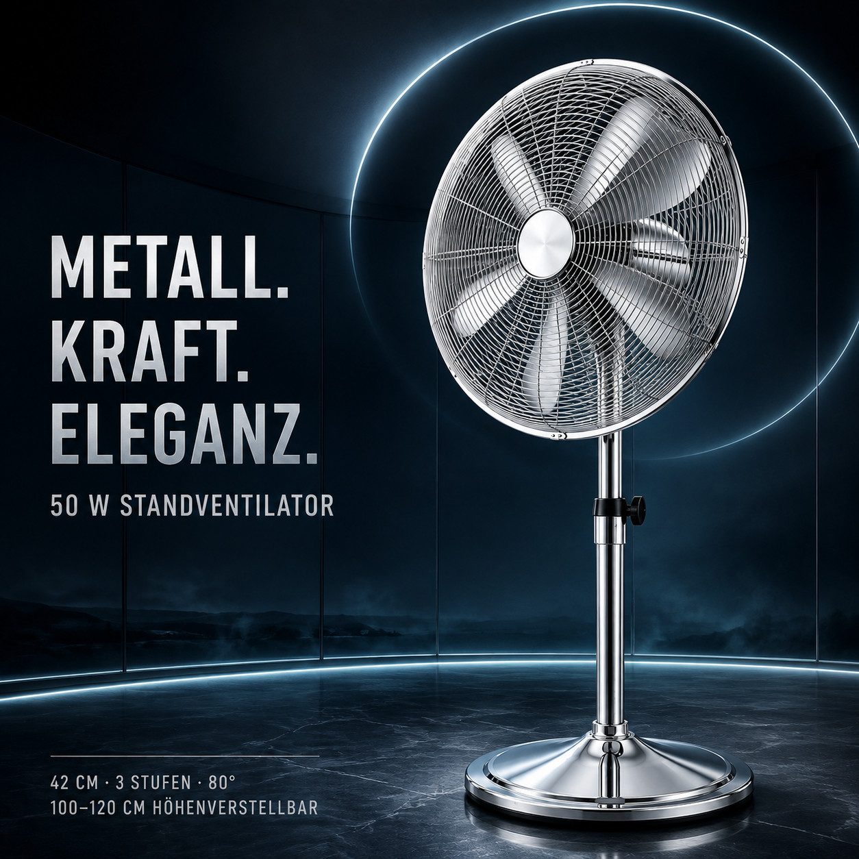 Ertex Standventilator EDELSTAHL 120cm Stand Ventilator 50W Höhe Turmventilator KRAFT