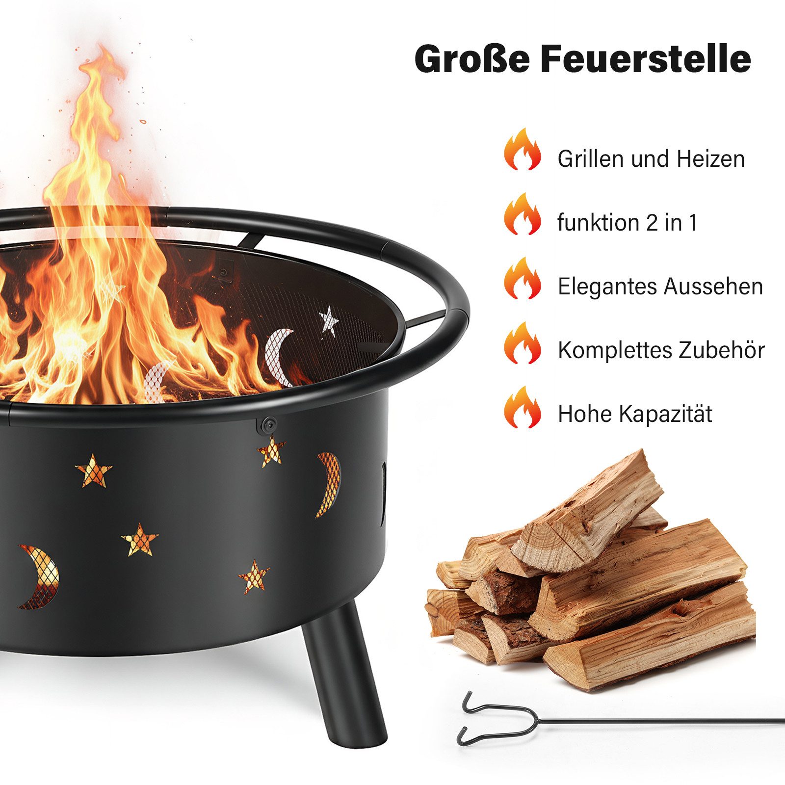 oyajia Feuerschale Feuerschale mit BBQ Grillrosten und Schürhaken, Holzkohlegrill, (Set, Zubehör), inkl. Funkenschutz, Campinggrill mit Kochrost für Garten, Party