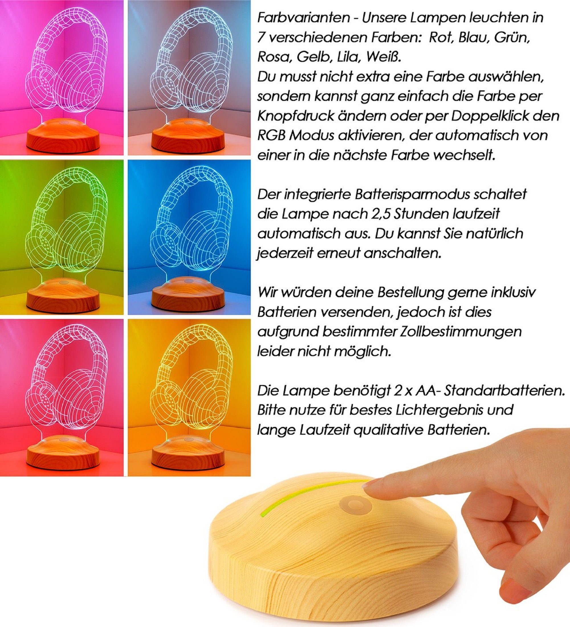 LED LED Kopfhörer LED Led 3D Lampe Musiker, für Lampe integriert, fest Nachttischlampe in 6 mehrfarbige verschiedenen Geschenkelampe LED Farben, Geschenk