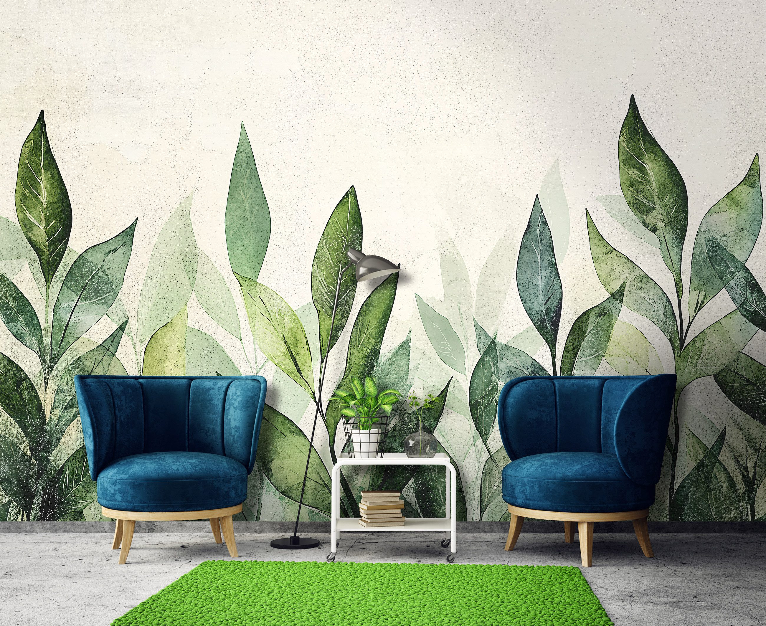 Wallarena Fototapete Blätter Grün Modern Vlies Tapete Wohnzimmer Schlafzimmer Wandtapete, Glatt Vlies Washable, Blätter auf Beton, (Packung, Vlies Fototapete), Vliestapete grün weiß Wohnzimmer Schlafzimmer Küche Tapete + Kleister