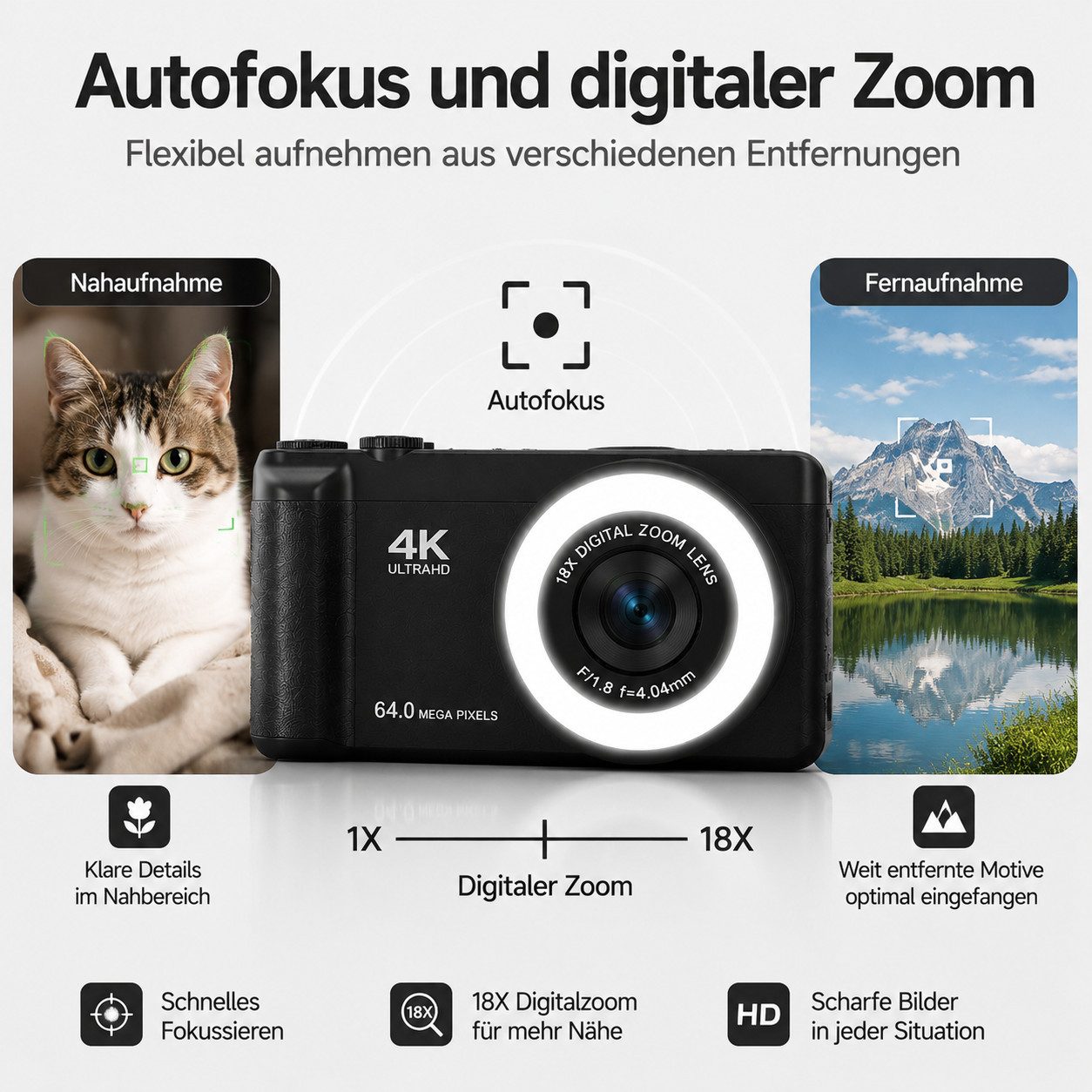 XEOOCE 4K Digitalkamera 64MP mit Flip Display Autofokus 18x Zoom Kompaktkamera (64 MP, 20 Filter) – Bild 3 von 5